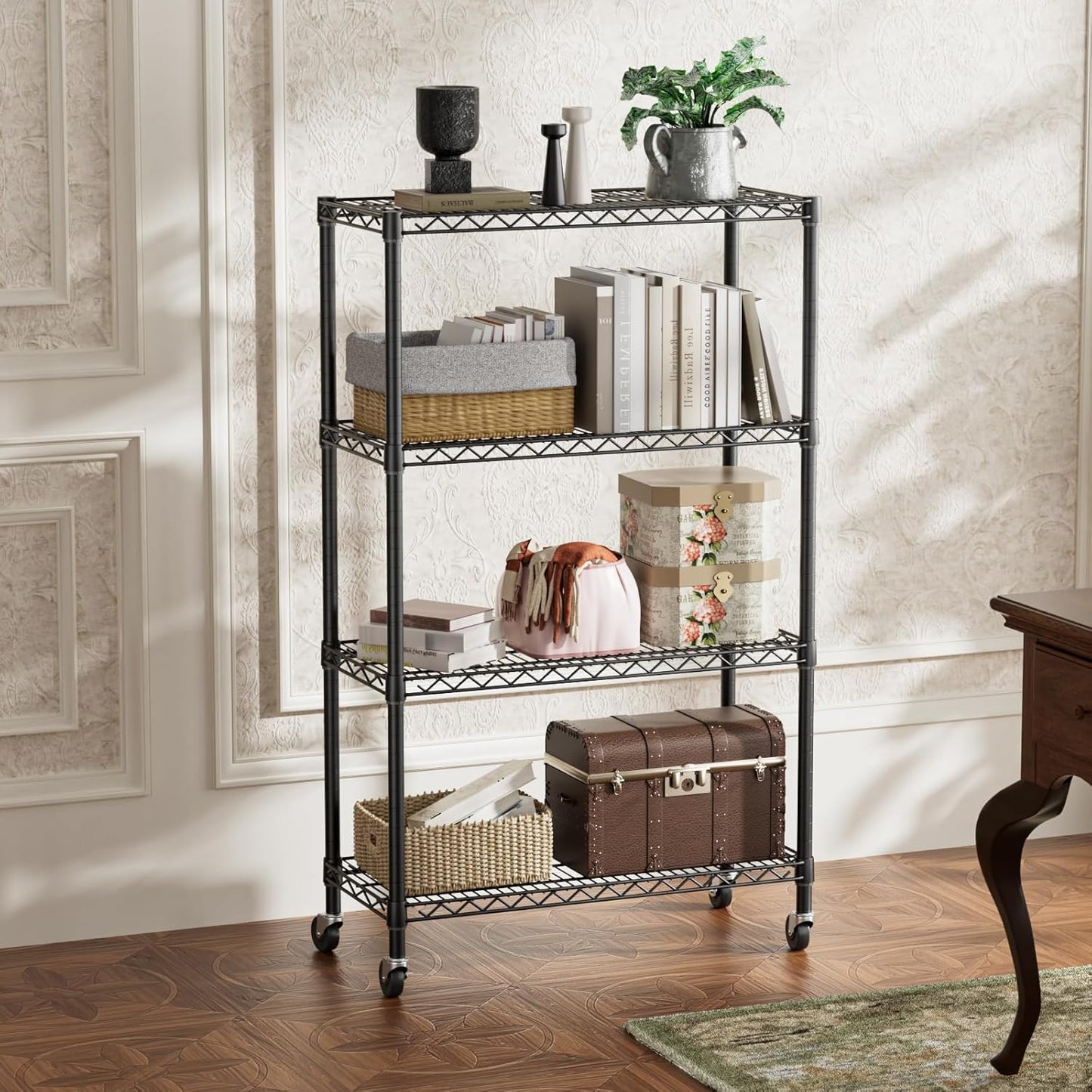 SINGAYE 4 Tier Adjustable Storage Shelf with Wheels Heavy Duty Shelving Unit Rack Shelves Wire for Garage Office Pantry Kitchen 14" Dx36 Wx58 H 1400LBS Black