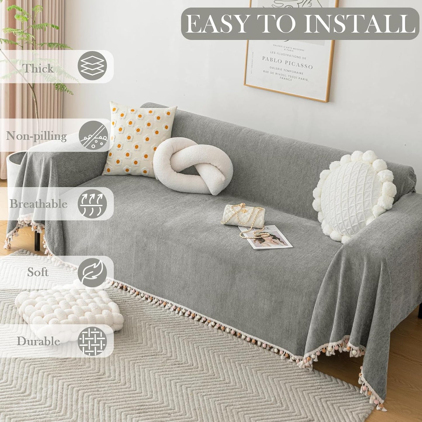 HANDONTIME Couch Slipcovers for Sofas - Dark Grey Couch Cover - Dog-Friendly Boho Pet Protector with Chenille Herringbone Pattern, 91" x 118" (2-3 Seat)