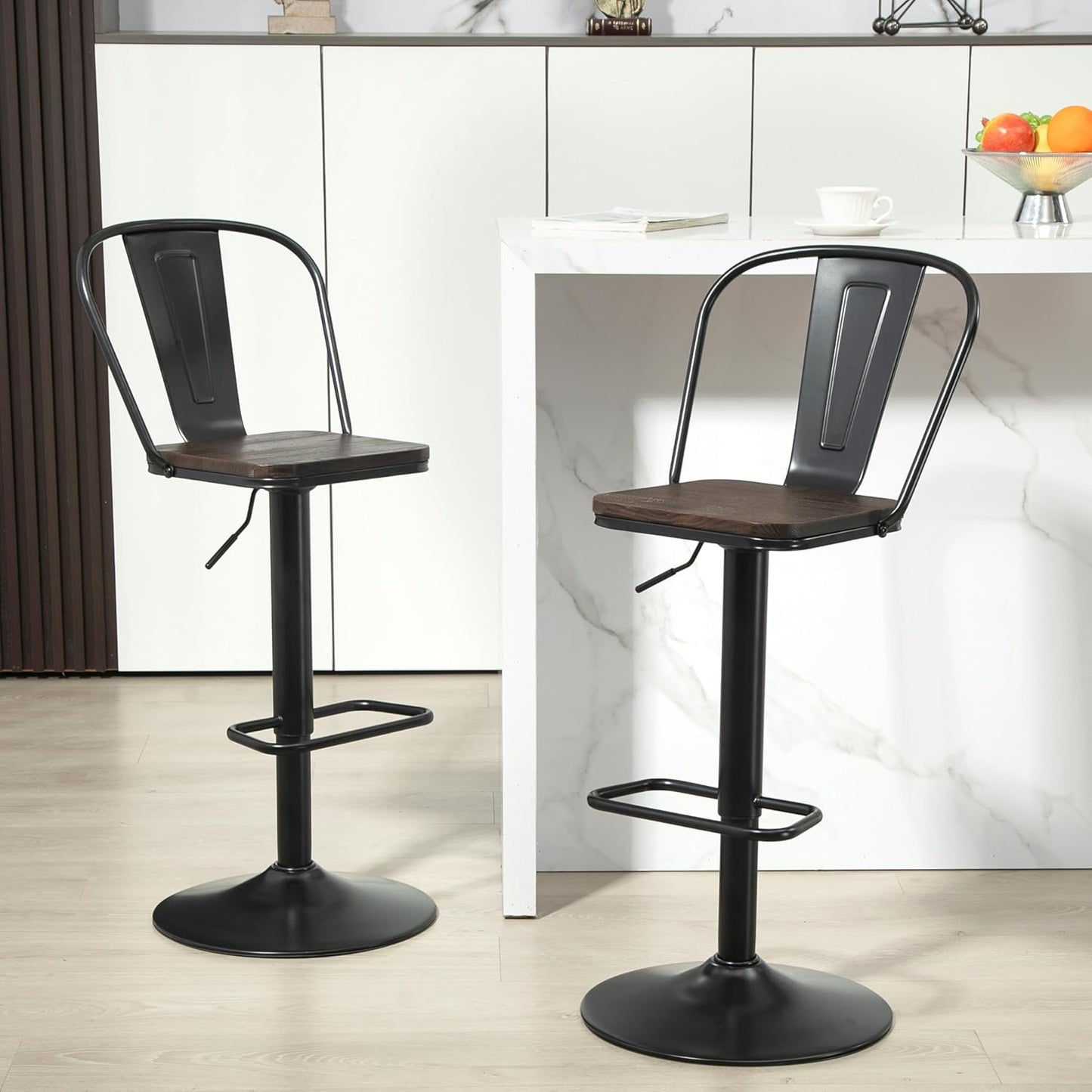Finnhomy Bar Stools Set of 2 Counter Height, Swivel Barstools with Footrest and L Shape Metal Back, Adjustable Modern Bar Chairs, Modern Design for Kitchen, Black