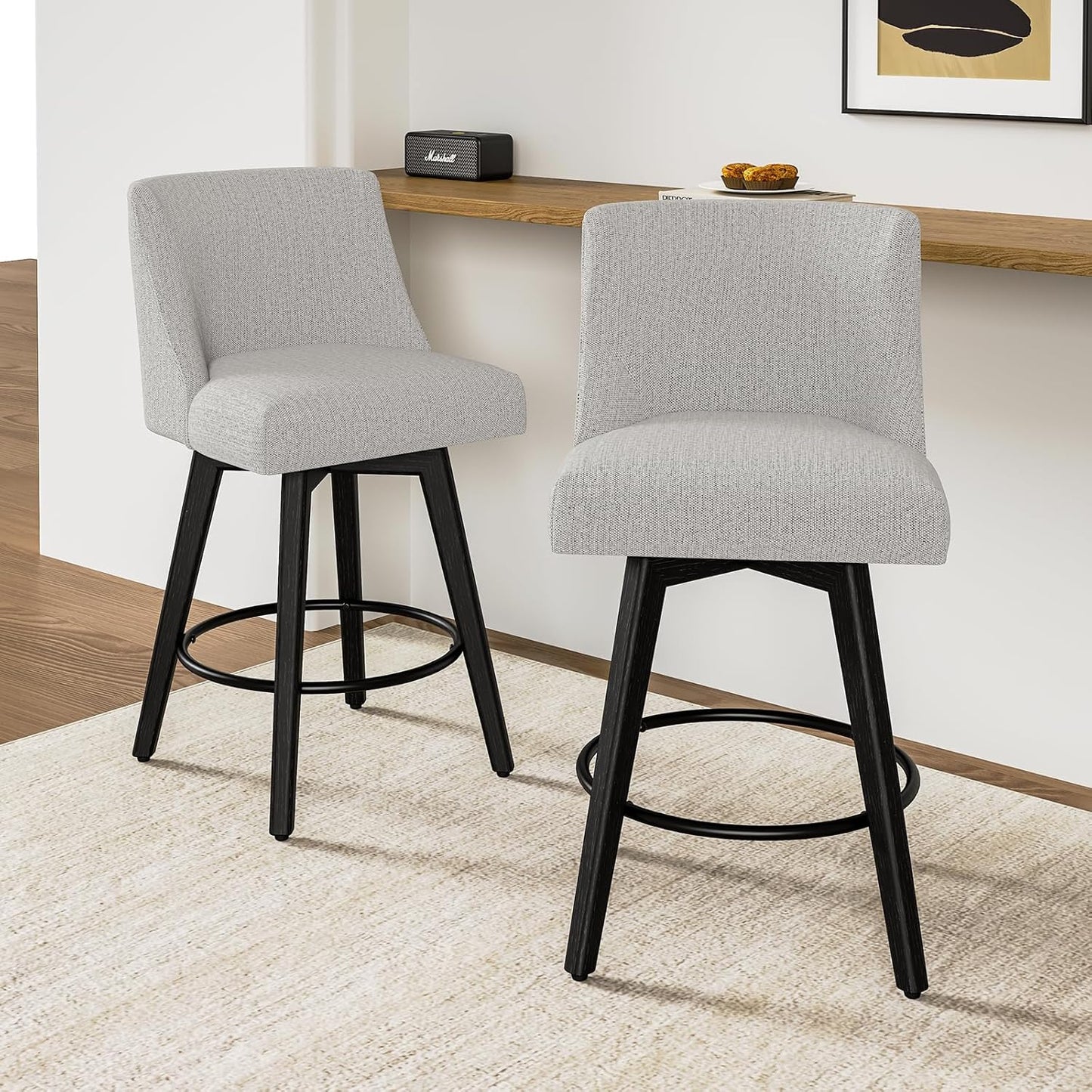 26.8 Inch Counter Height Bar Stools with Back, Swivel Bar Stools Set of 2, Modern Kitchen Barstools with Footrest, Linen Upholstered Bar Chairs, Solid Wood Legs for Island, Pub, Light Grey