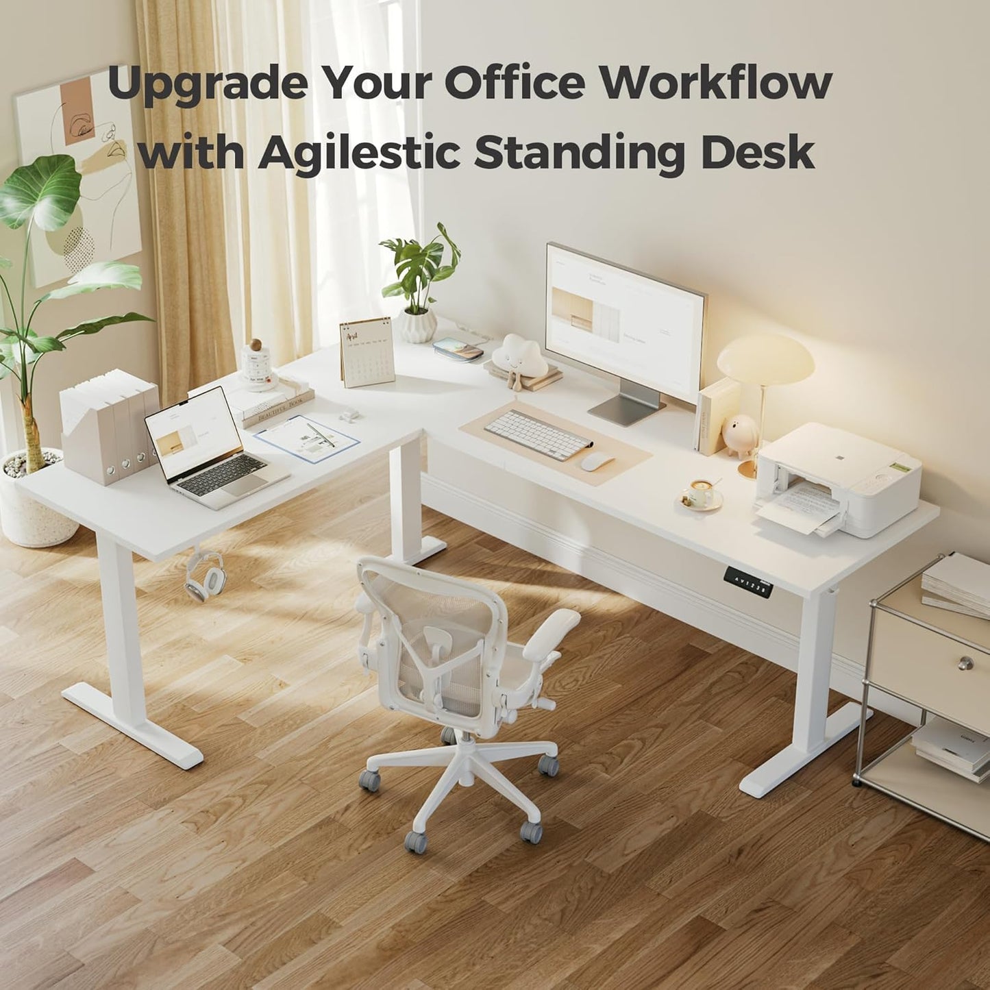 Agilestic 75 Inch L Shaped Standing Desk Adjustable Height, Corner Standing Desk, Sit Stand Up Computer Table, Splice Board, White