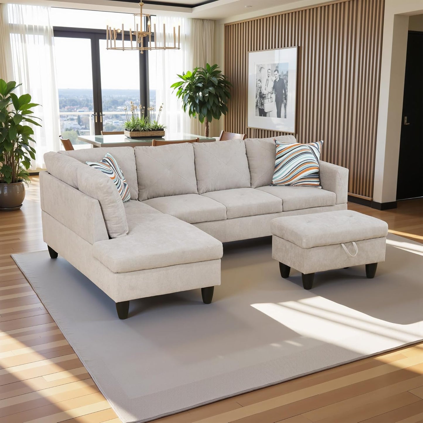 97" Oversized Sectional Couch, L Shaped Couch with Storage Ottoman, Modern Modular Sofa with Deep Seat, Sectional Couches for Living Room and Office, Off-White (Flannelette)