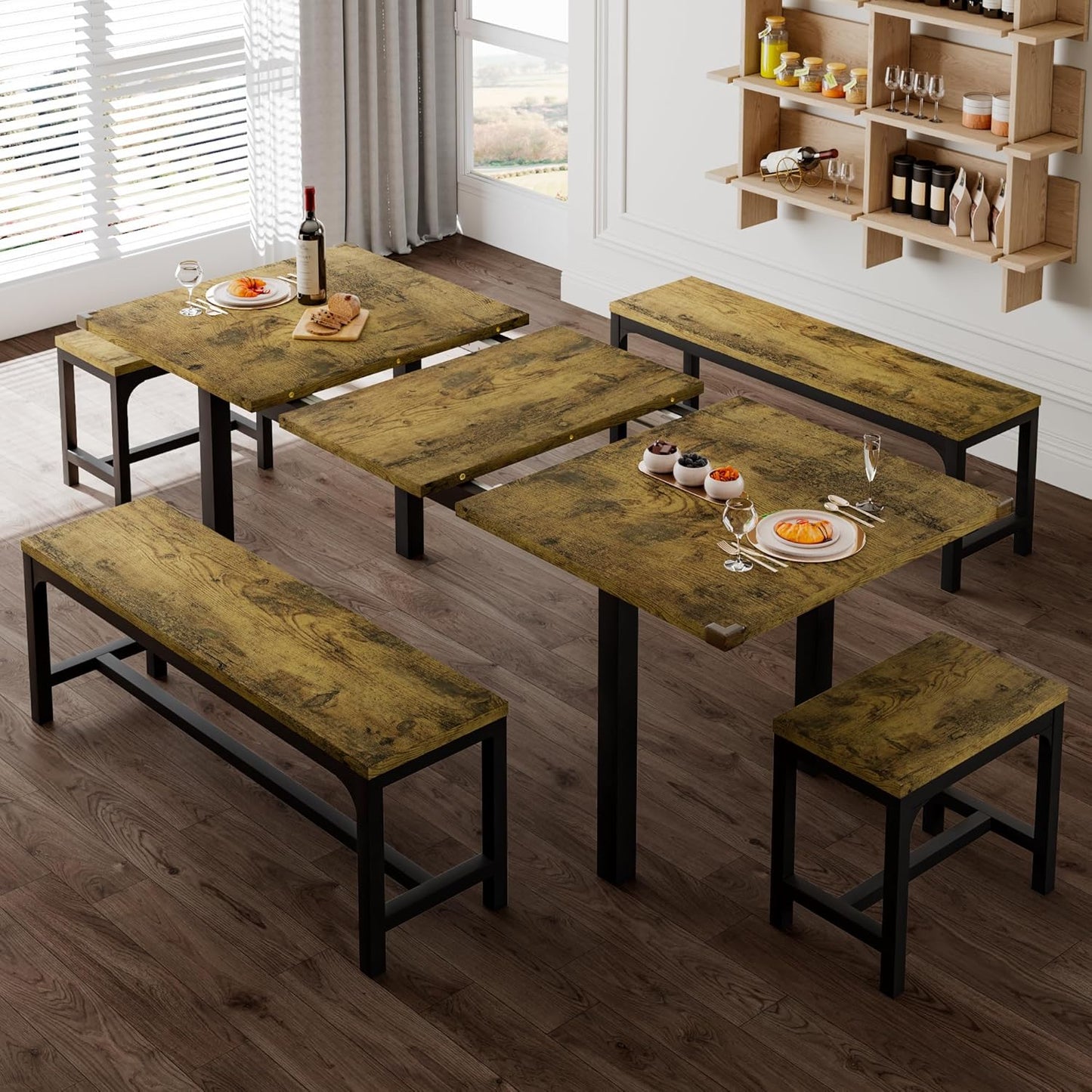 Feonase 5-Piece Dining Table for 4-8 People, 63" Extendable Kitchen Table Set with 2 Benches & 2 Square Stools, Dining Room Table with MDF Wood Board, Easy Clean, Rustic Brown