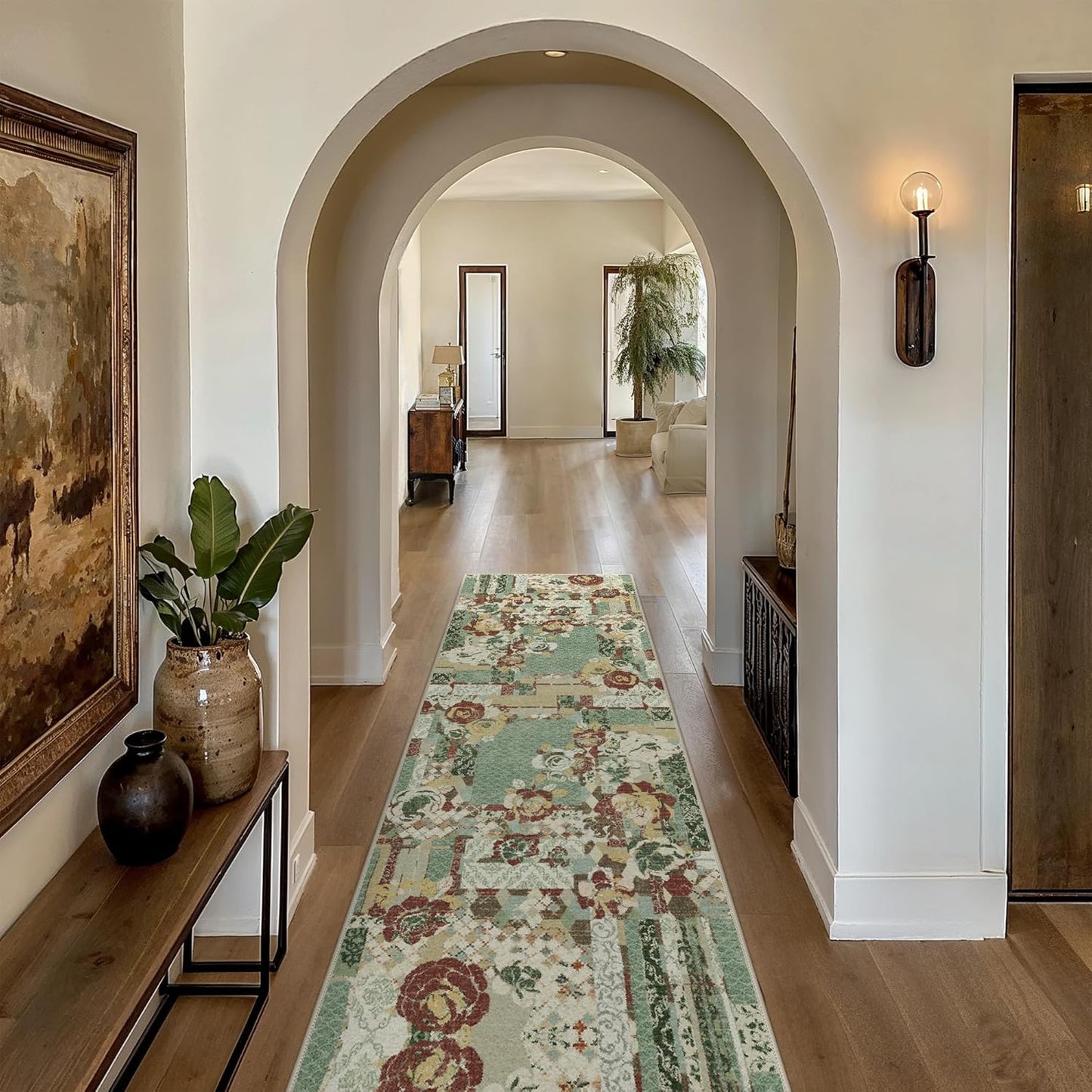 GENIMO Floral Runner Rug 2X6, Machine Washable Non Slip Vintage Patchwork Hallway Runner, Ultra-Thin Low Pile Runners for Indoor Entryway, Hallway, Kitchen and Corridor, Celadon Green