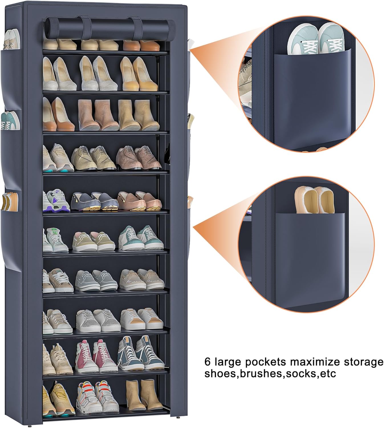 Shoes Rack 10 Tier Tall Shoe Rack with Storage Pockets, Fabric Covered Shoe Racks,Metal Shoes Rack Organizer for Closets,Bedroom, Garage