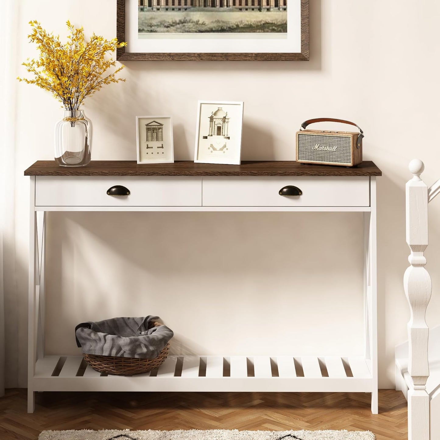 ChooChoo 47" Farmhouse Console Table with Drawer for Entryway, Narrow Long Entry Table with Shelf for Living Room, Rustic Vintage Hallway Sofa Table with Stable X Supports, White