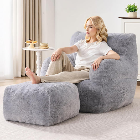 Giant Bean Bag Chairs for Adults with Ottoman, Faux Fur Boneless Chaise Couch Filler with Memory Foam,Large BeanBag Lounge Lazy Floor Sofa Accent Chair for Living Room,Bedroom & Game Rooms