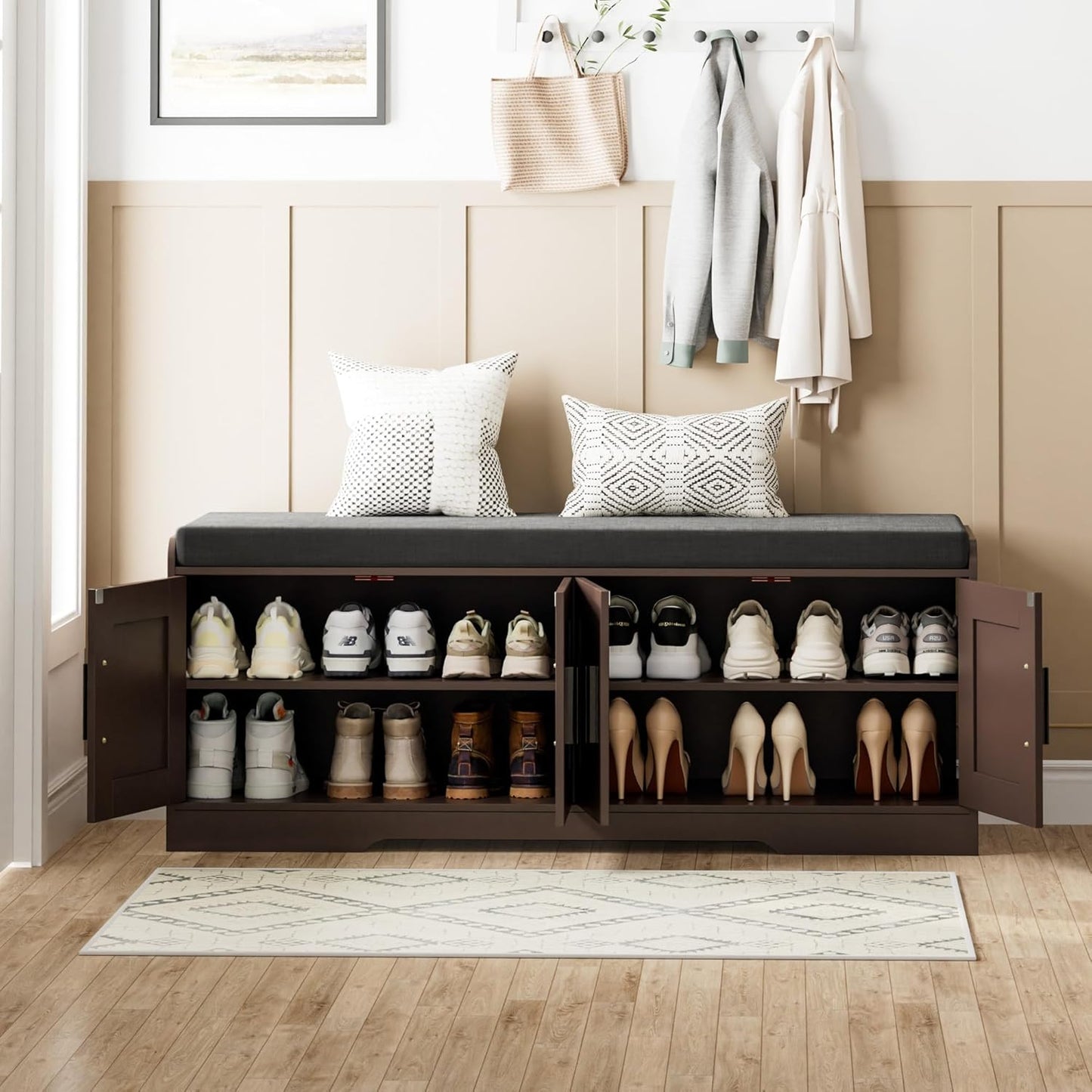 2-Tier Storage Bench, Shoe Bench with Thickened Padded Seat Cushion, Entryway Bench with 4 Doors, Adjustable Shelf, 13.8" D x 45.3" W x 18.5" H, for Entryway, Living Room, Bedroom, Brown