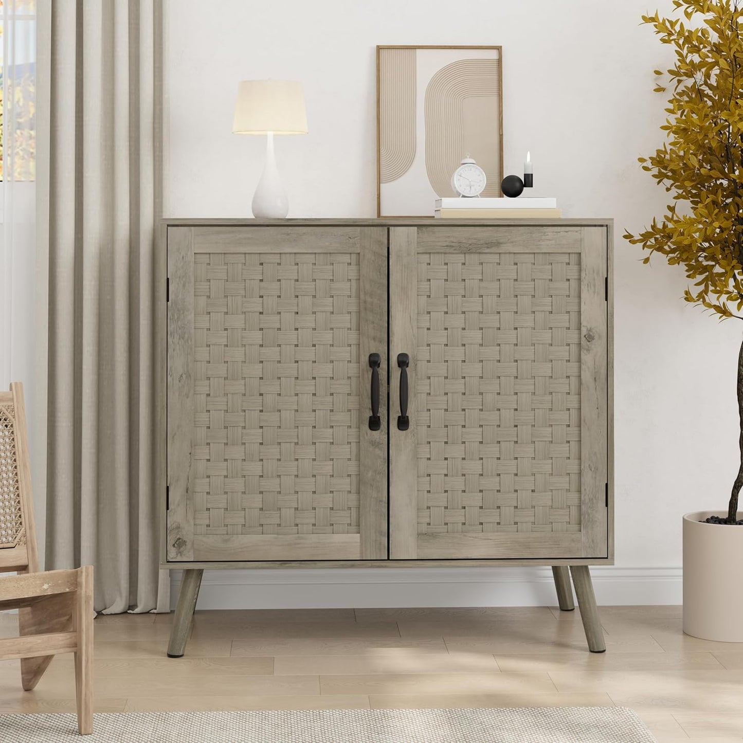 Smuxee Wood Sideboard, Freestanding Buffet Cabinet with 2 PVC Rattan Doors, Storage Cabinet with Adjustable Shelf for Living Room, Entryway, Hallway