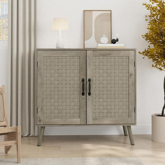 Smuxee Wood Sideboard, Freestanding Buffet Cabinet with 2 PVC Rattan Doors, Storage Cabinet with Adjustable Shelf for Living Room, Entryway, Hallway
