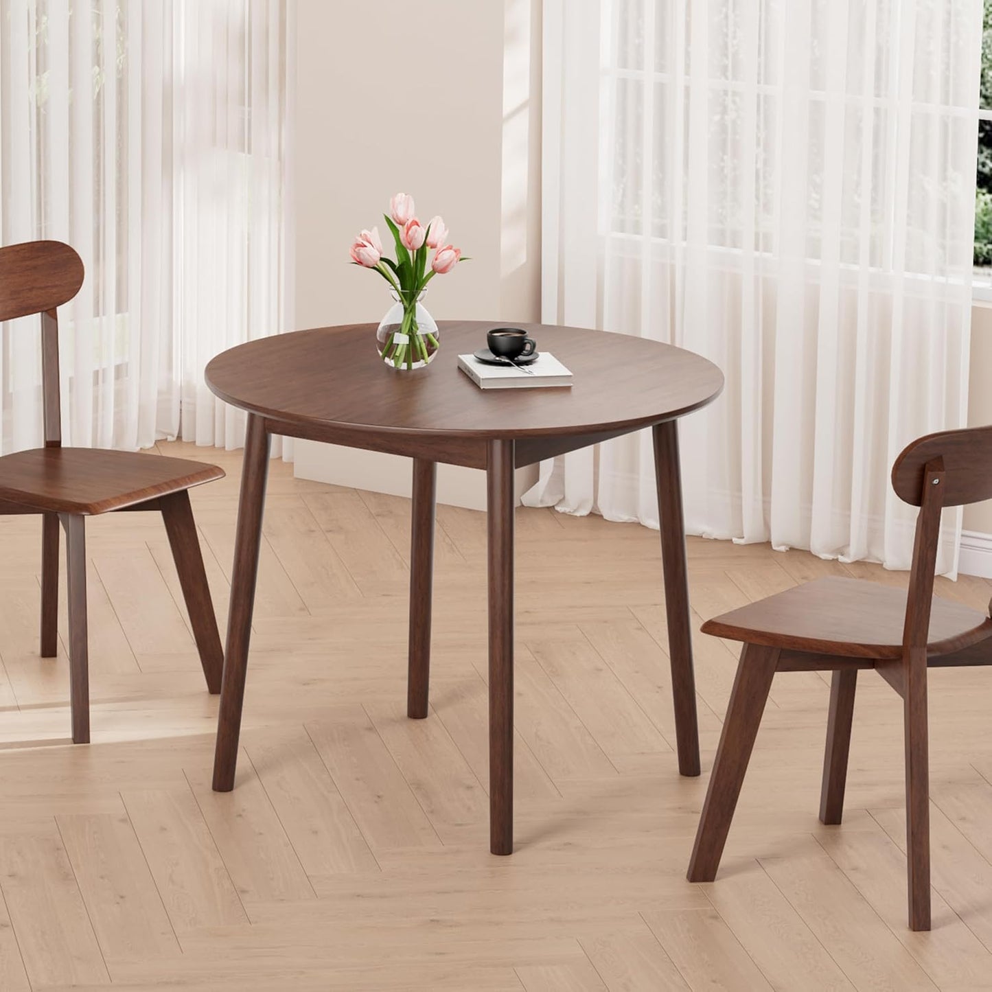 DELAVIN 31.5" Solid Wood Round Dining Table for 4, Farmhouse Small Kitchen Table for 2-4, Modern Office Table for Home Kitchen Apartment, Easy Assembly, Space Saving, Walnut