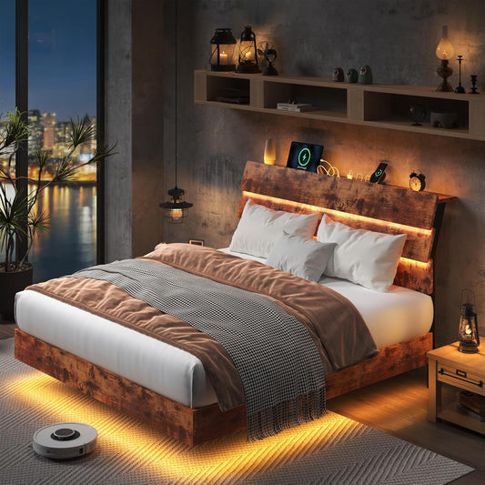 Feonase Floating Bed Frame Full with Led Lights and Charging Station, Wood Full Size Bed Frame with Storage Headboard, Heavy Duty Metal Slats, No Box Spring Needed, Easy Assembly, Vintage Brown