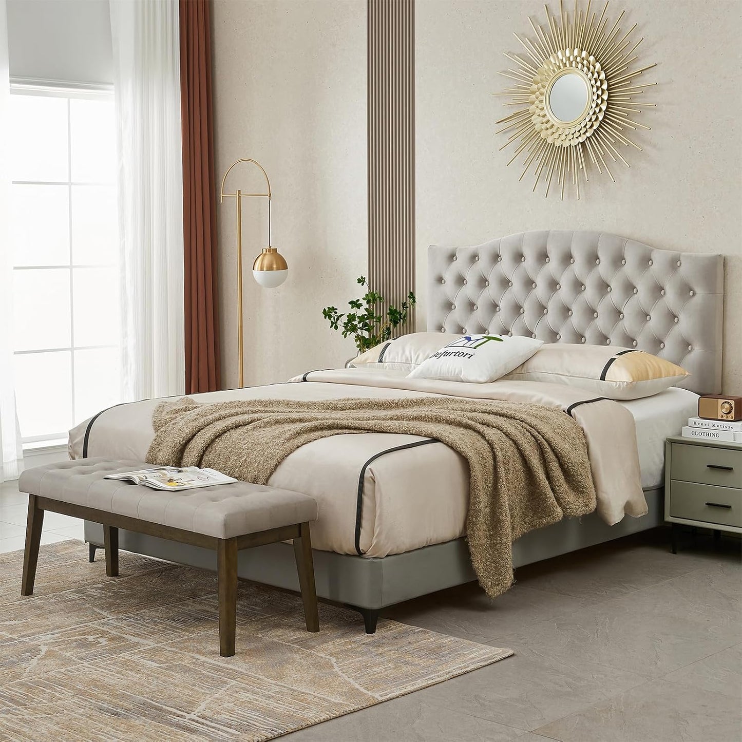 End of Bed Bedroom Bench, Linen Upholstered Tufted Bench for Bedroom End of Bed with Solid Wood Legs for Bedroom Living Room Entryway(Gray)