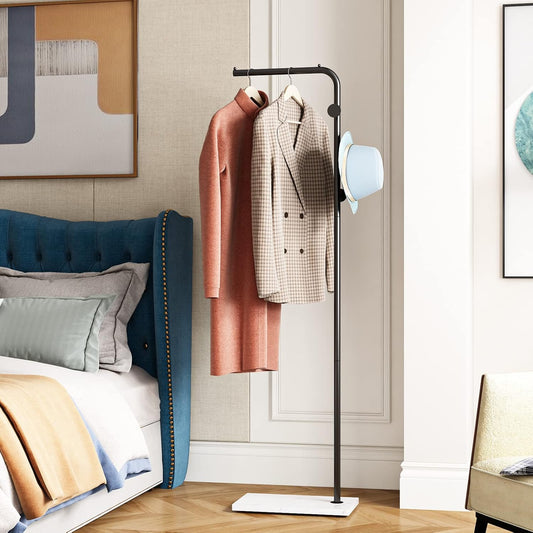 Black Coat Racks with White Base, Entryway Coats Racks Freestanding with 3 Hooks, L Shape Home Coat Hanger for Jackets, Coats, Hats, Clothes