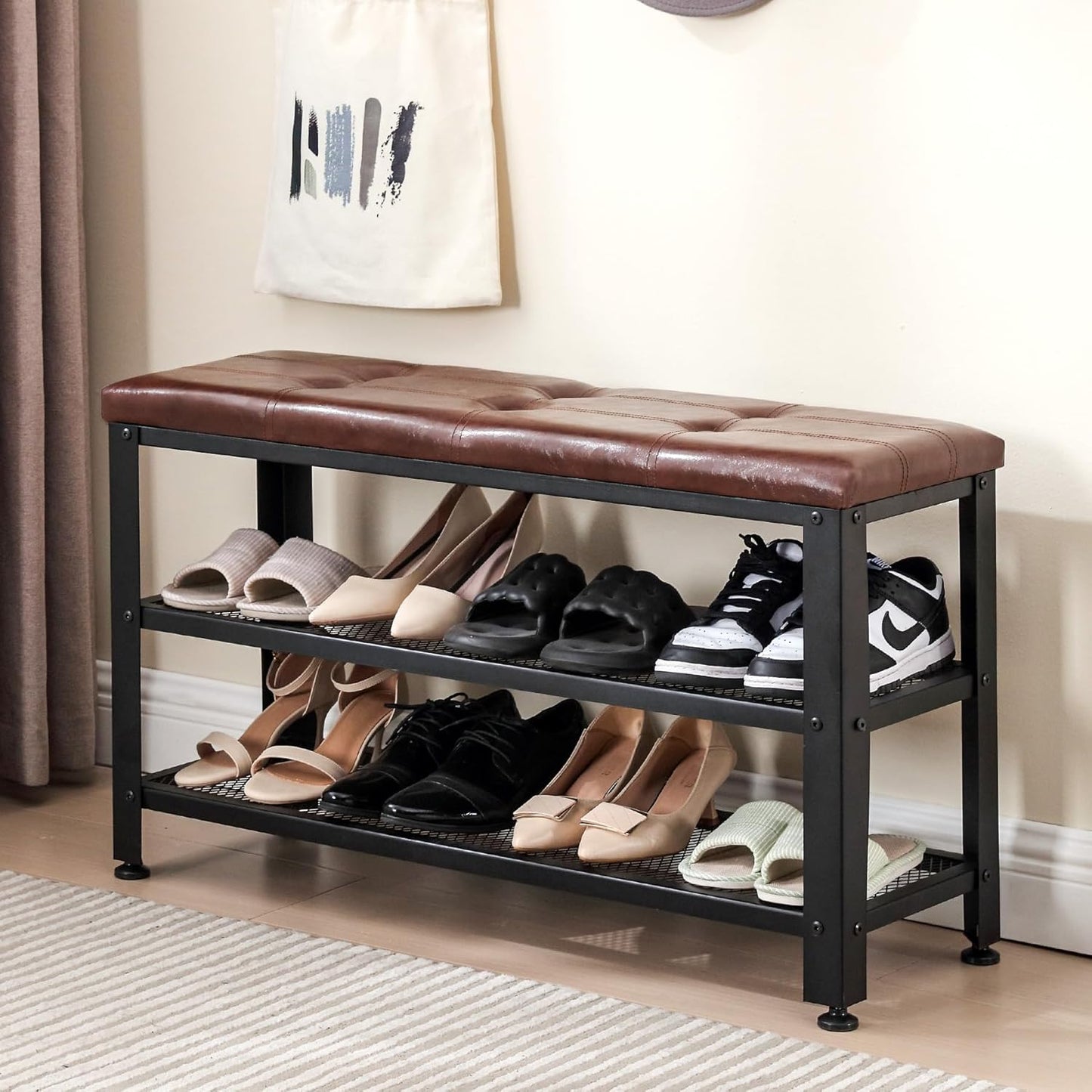 Apicizon 35.5" Shoe Rack Bench, 3-Tier Entryway Bench, with Leather Seat and Metal Frame, Loads 300 lb, Suitable for Living Room, Hallway, Mudroom, Doorway, Rustic Brown