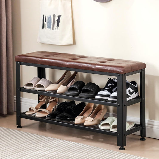 Apicizon 35.5" Shoe Rack Bench, 3-Tier Entryway Bench, with Leather Seat and Metal Frame, Loads 300 lb, Suitable for Living Room, Hallway, Mudroom, Doorway, Rustic Brown