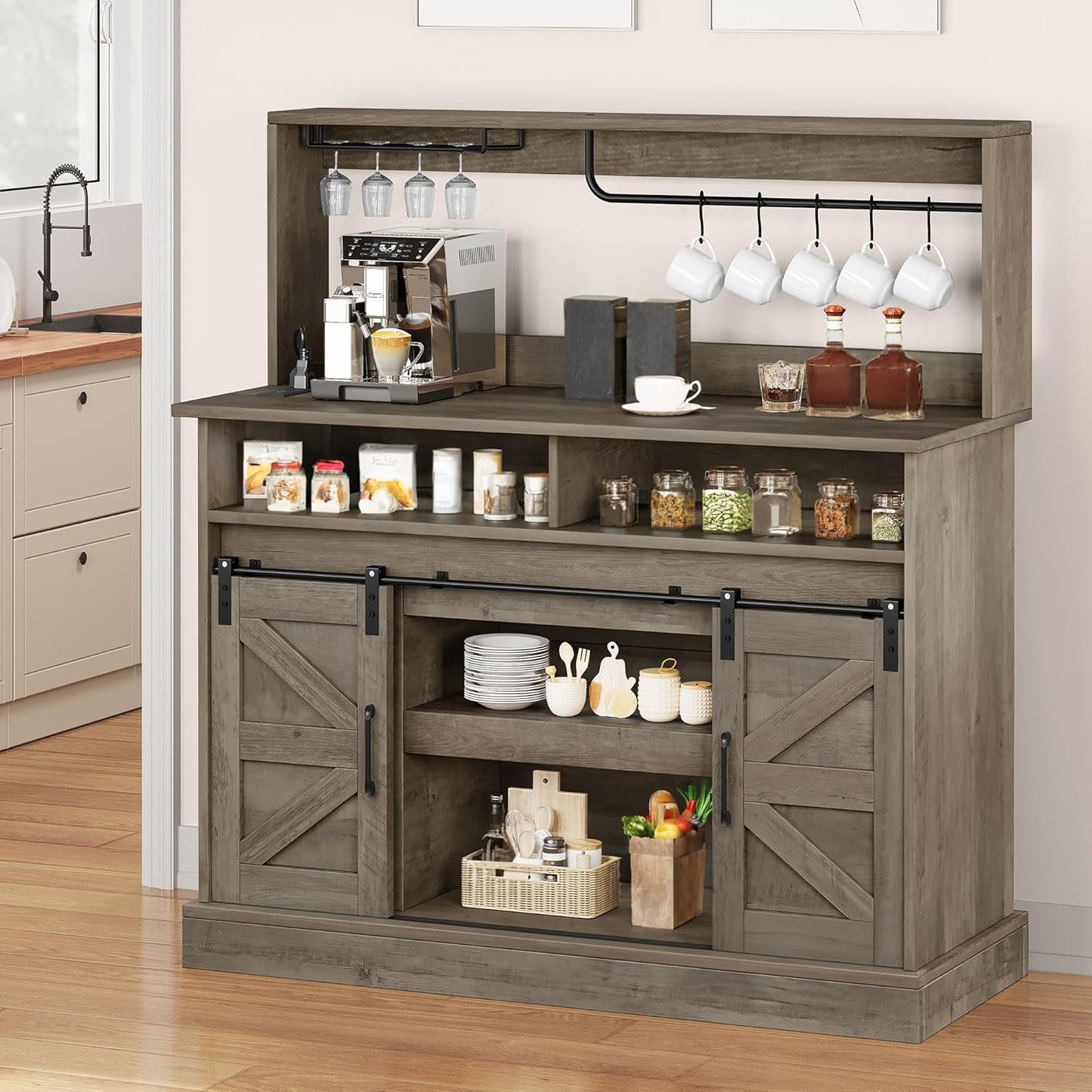 YITAHOME Buffet Cabinets with Storage, 47" Coffee Bar with Goblet Holder & Power Outlet, Farmhouse Sideboard Cabinets with Sliding Barn Doors for Kitchen, Living Room (Rustic Grey Oak)