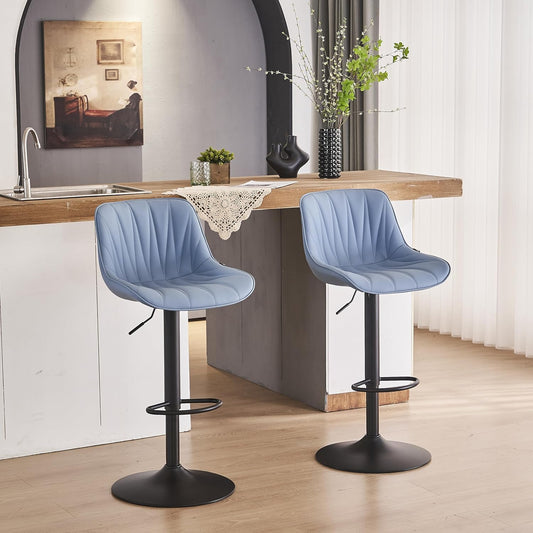 YOUNIKE Bar Stools Set of 2 for Kitchen Island, Blue Faux Leather Padded Counter Height Stools, Adjustable Swivel Barstools with Back, Modern Tall Stools with 300LBS Support