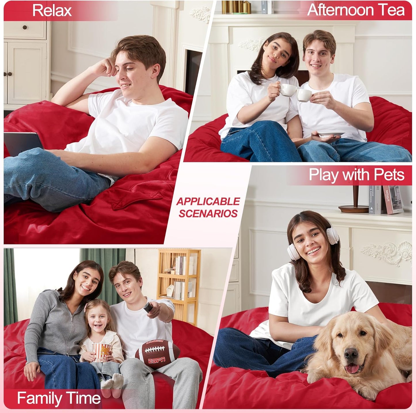 Homguava 5FT Bean Bag Chair Giant BeanBag with Memory Foam Filled, Comfy Bean Bag Chairs for Adults, Adult Bean Bag Chair with Dutch Velvet Cover for Living Room Bedroom-Red