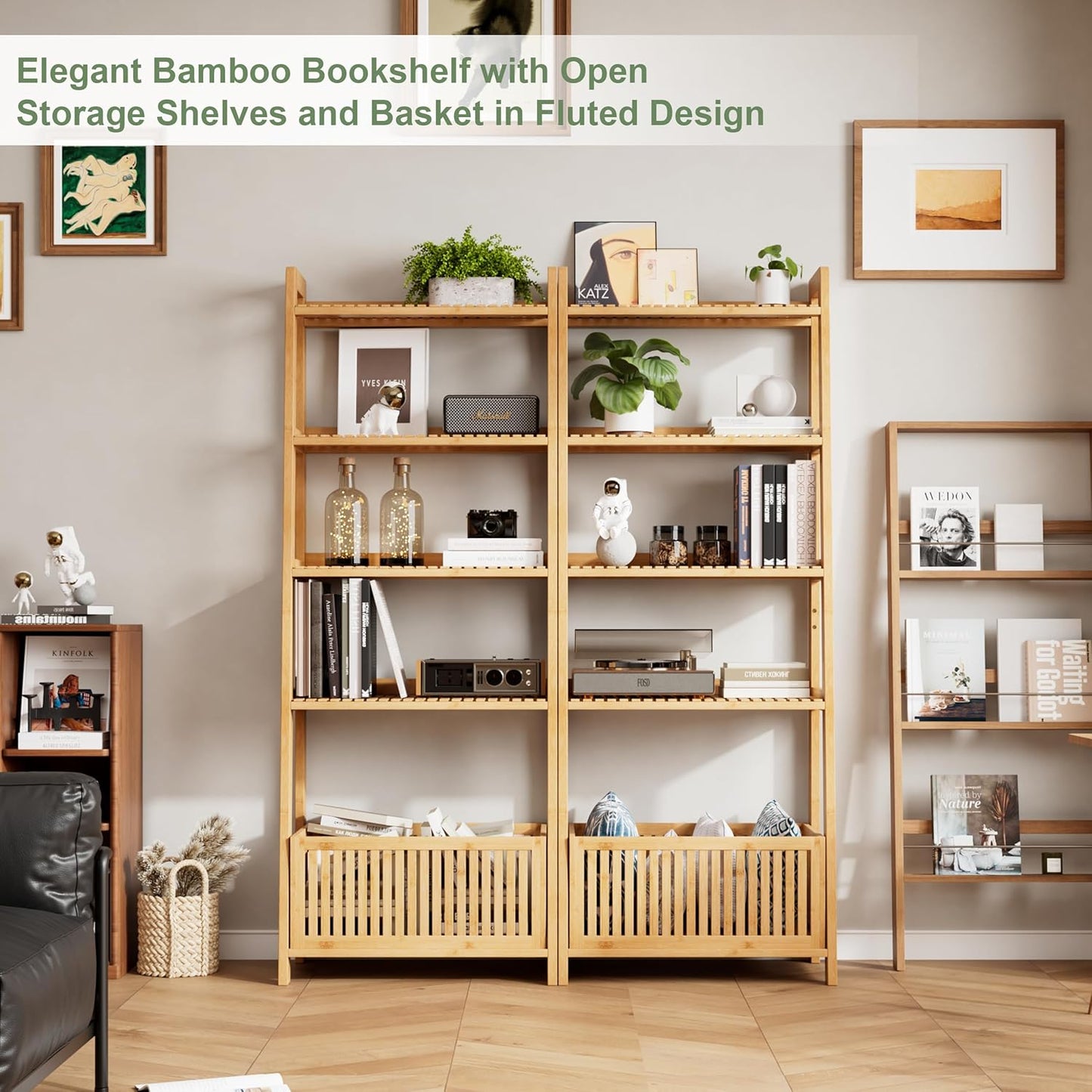Bamjoy Bamboo Ladder Shelf, Bookshelf with 4 Display Shelves and 1 Open Storage Basket, Multifunctional Storage Rack Organizer for Home Office, Bedroom, Living Room, 66” H Natural