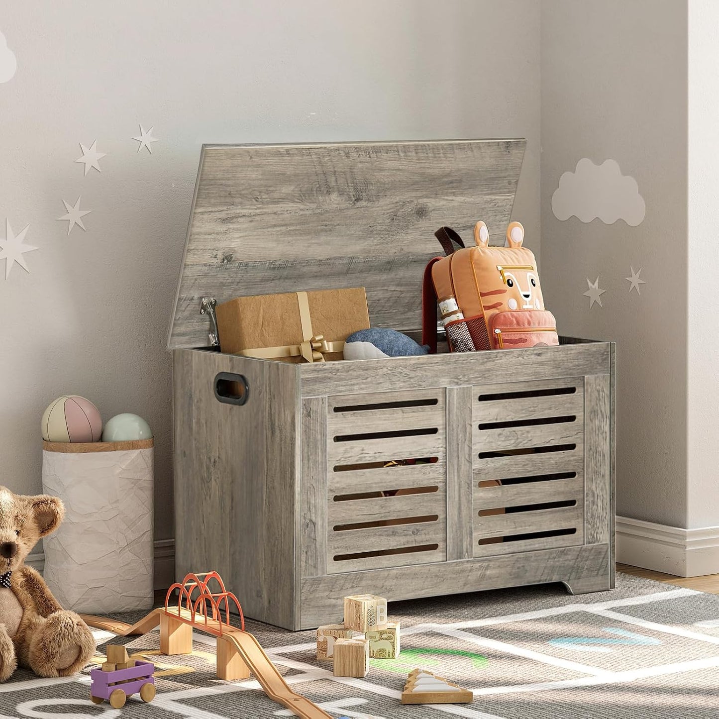 DINZI LVJ Storage Chest, Flip-Top Wooden Toy Box with 2 Safety Hinges, Entryway Shoe Storage Bench, Good Ventilation, Storage Trunk for Living Room, Bedroom, Easy Assembly, Grey Wash