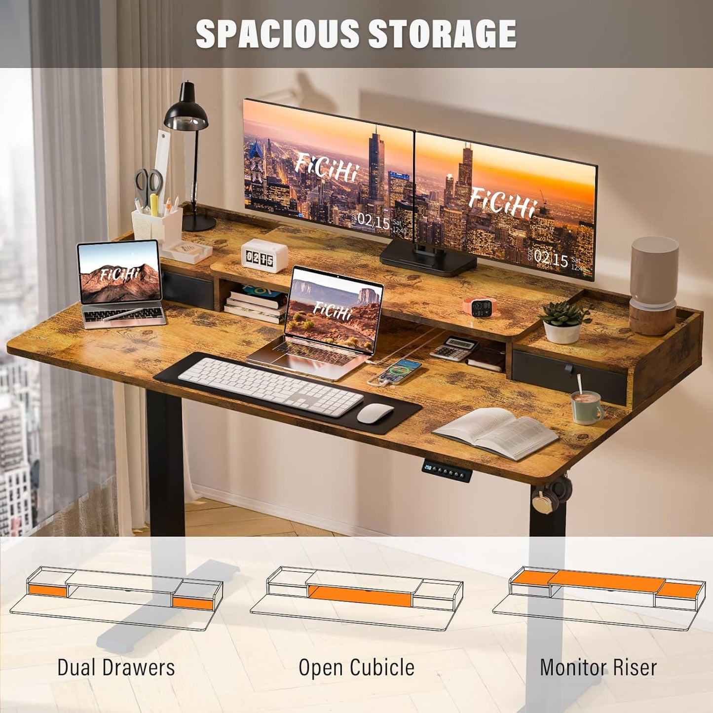 48x30 Inch Electric Standing Desk with Drawers & Widen Desktop, Thickened Desk Frame, Adjustable Height Sit Stand Up Table, Home Office Computer Desk with Cable Management, Rustic Brown