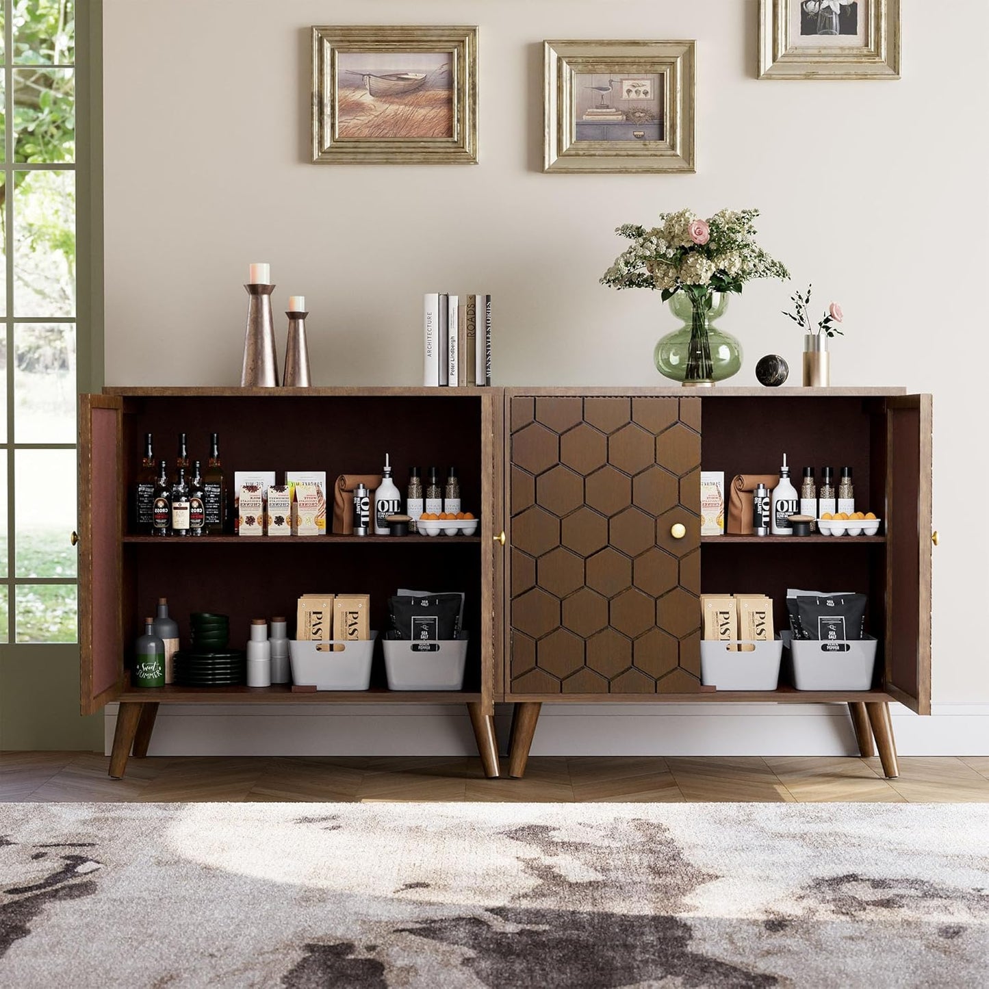 COSIEST Set of 2 32" Storage Sideboards with Doors, Accent Cabinets with Magnetic Push-to-Open Doors, Brown Honeycomb Pattern, Entryway Console for Living Room, Kitchen, Hallway