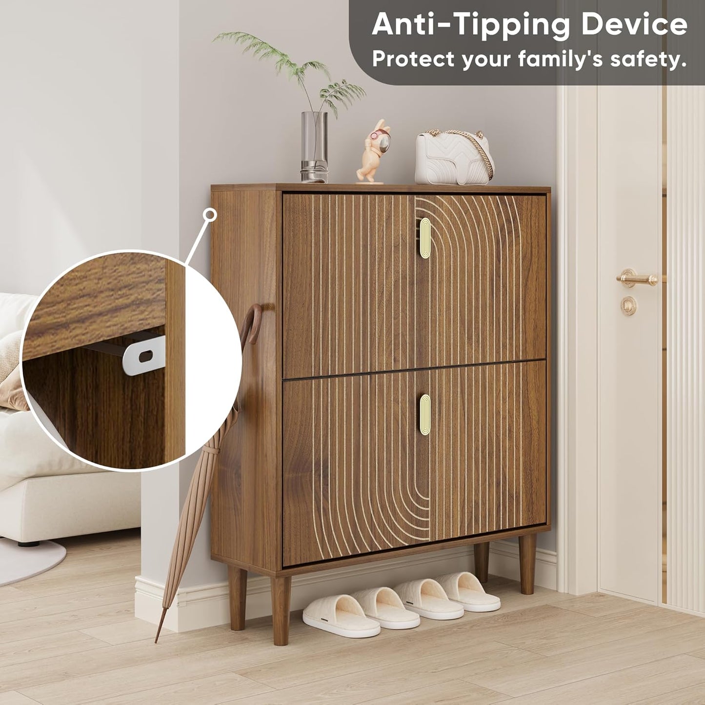 Smuxee Shoe Cabinet with 2 Flip Drawers, 31.5" Walnut Hidden Shoe Storage Cabinet with Line Groove Design, Freestanding Shoe Organizer Cabinet for Entryway, Hallway, Living Room