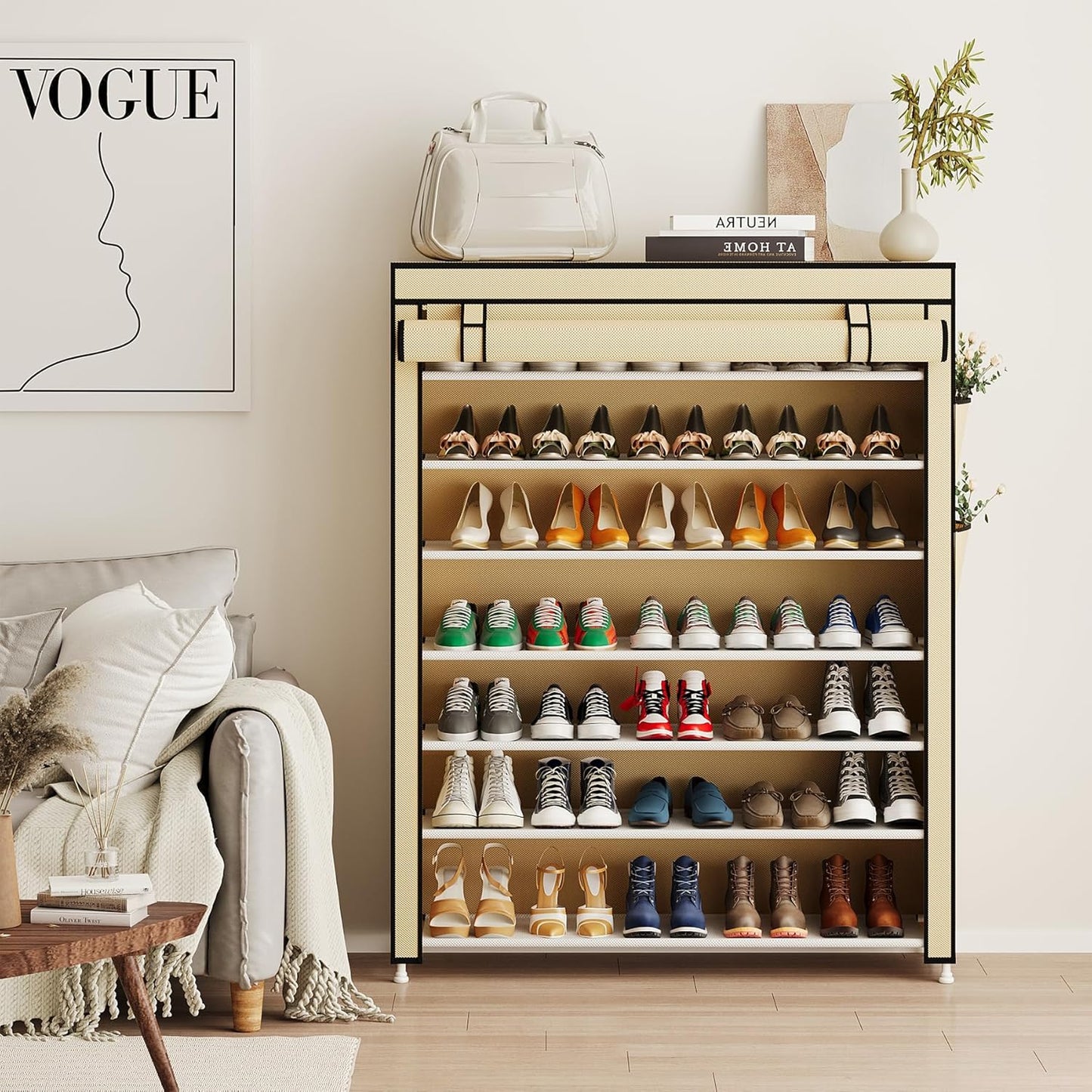 Calmootey 7 Tier Shoe Rack Organizer to Hold 35 Pairs, Portable Shoe Shelf with Nonwoven Fabric Cover for Closet Hallway, Bedroom, Entryway, Beige