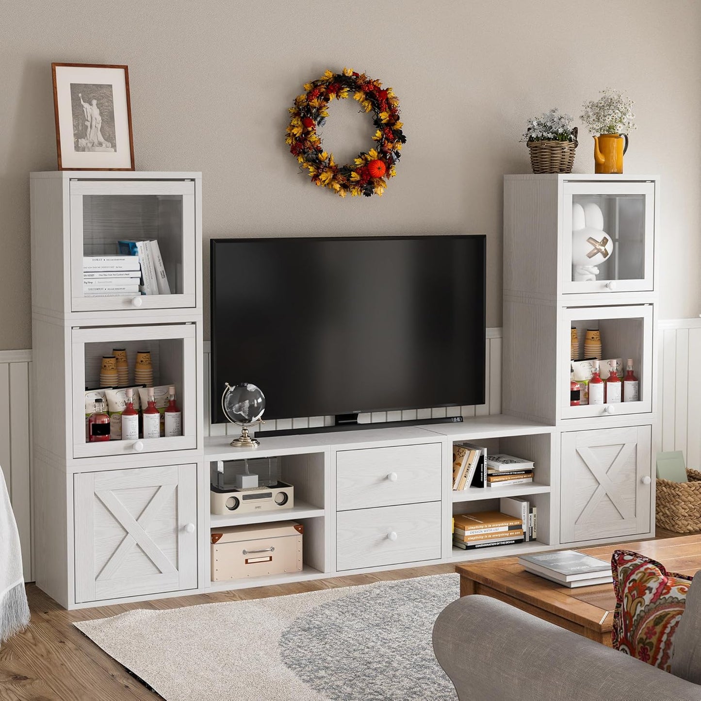 FUSUNBAO Magic DIY Cube Storage Organizer Stackable Cubes for Home Books Clothes Toy-Modular Cubby Storage System-Office Cubical-Bookcase Closet(Pure White-Washed, Glass Door Cube)