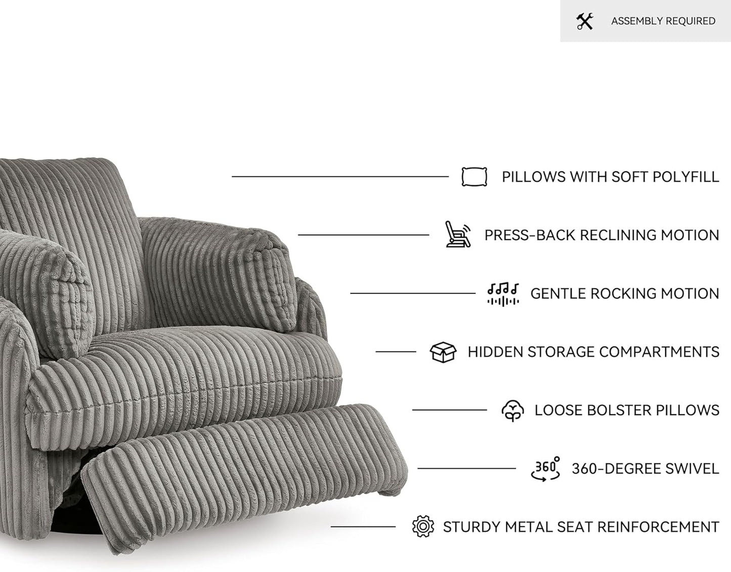 Signature Design by Ashley Tie-Breaker Casual Manual Press-Back Swivel Glider Rocker Recliner with 2 Bolster Pillows and Hidden Storage, Light Gray