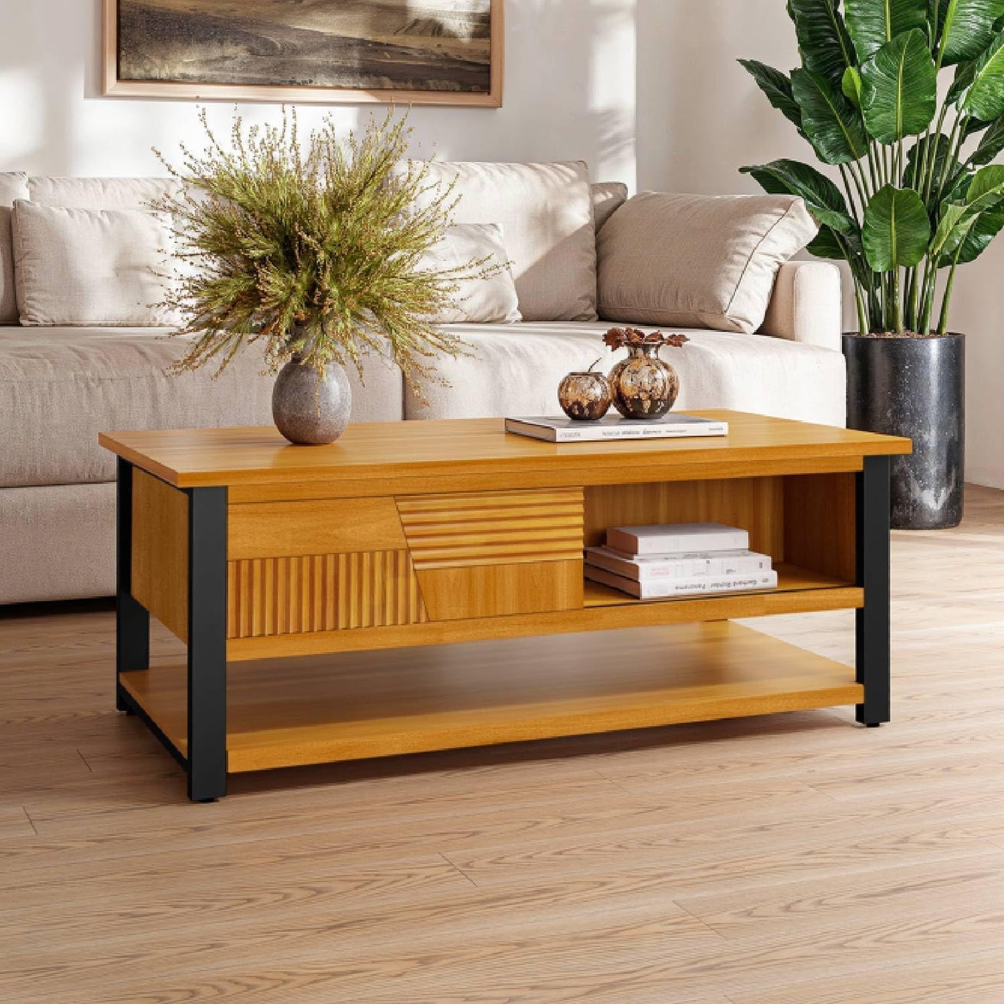 Bme Trapeze Coffee Table for Living Room – Modern Wooden Center Table with Storage, Metal Legs, Large Teak Brown Coffee Table for Stylish Living Room Furniture Setup