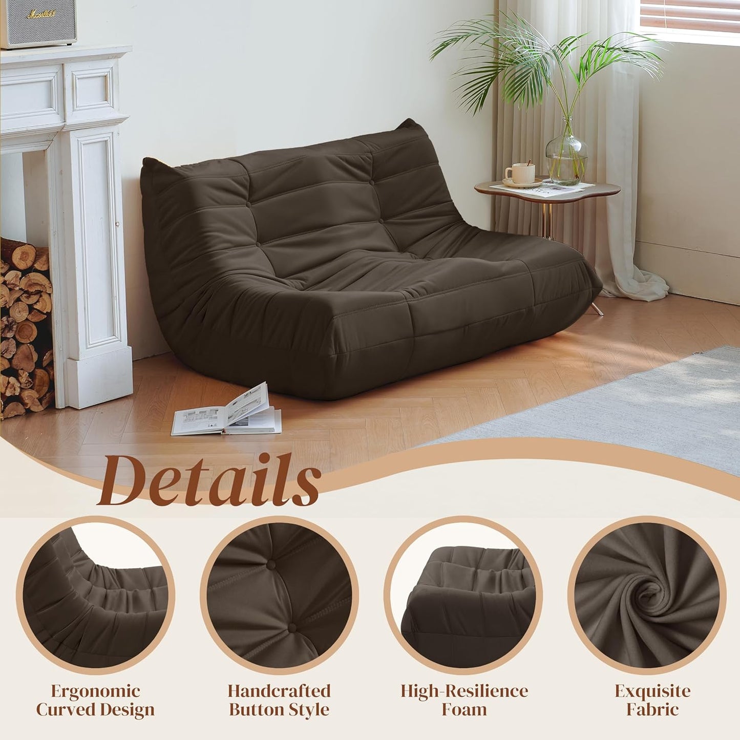 Bean Bag Chair, Loveseat Fireside Chair Bean Bag Sofa for Adults, 2 Seater Bean Bag Chairs for Teens with High-Resilience Foam, Memory Foam Bean Bag for Living Room, Bedroom, Office (Suede, Coffee)
