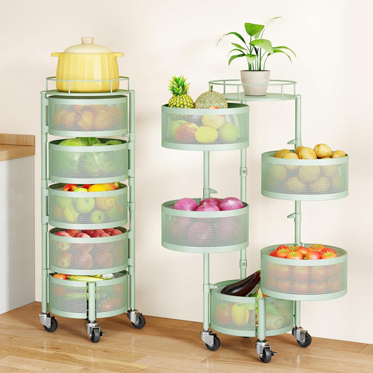 SAYZH Fruit Vegetable Basket for Kitchen, Rotating Storage Rack, 5 Tier Rolling Cart with top lid, Large Metal Wire Basket for for Potato Onion Snack, Black (Green)