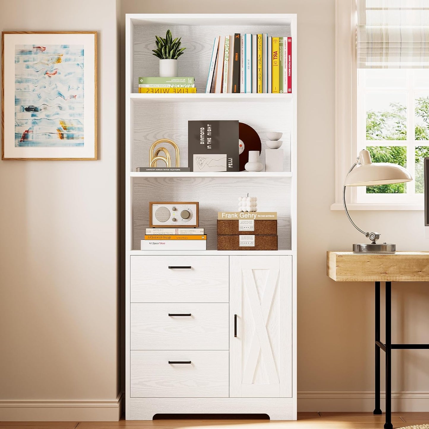 IRONCK Bookshelf with Door and 3 Drawers, 71in Tall Bookcase Shelf with 3-Tier Shelves, for Bedroom Living Room Entrance Hallway Home Office