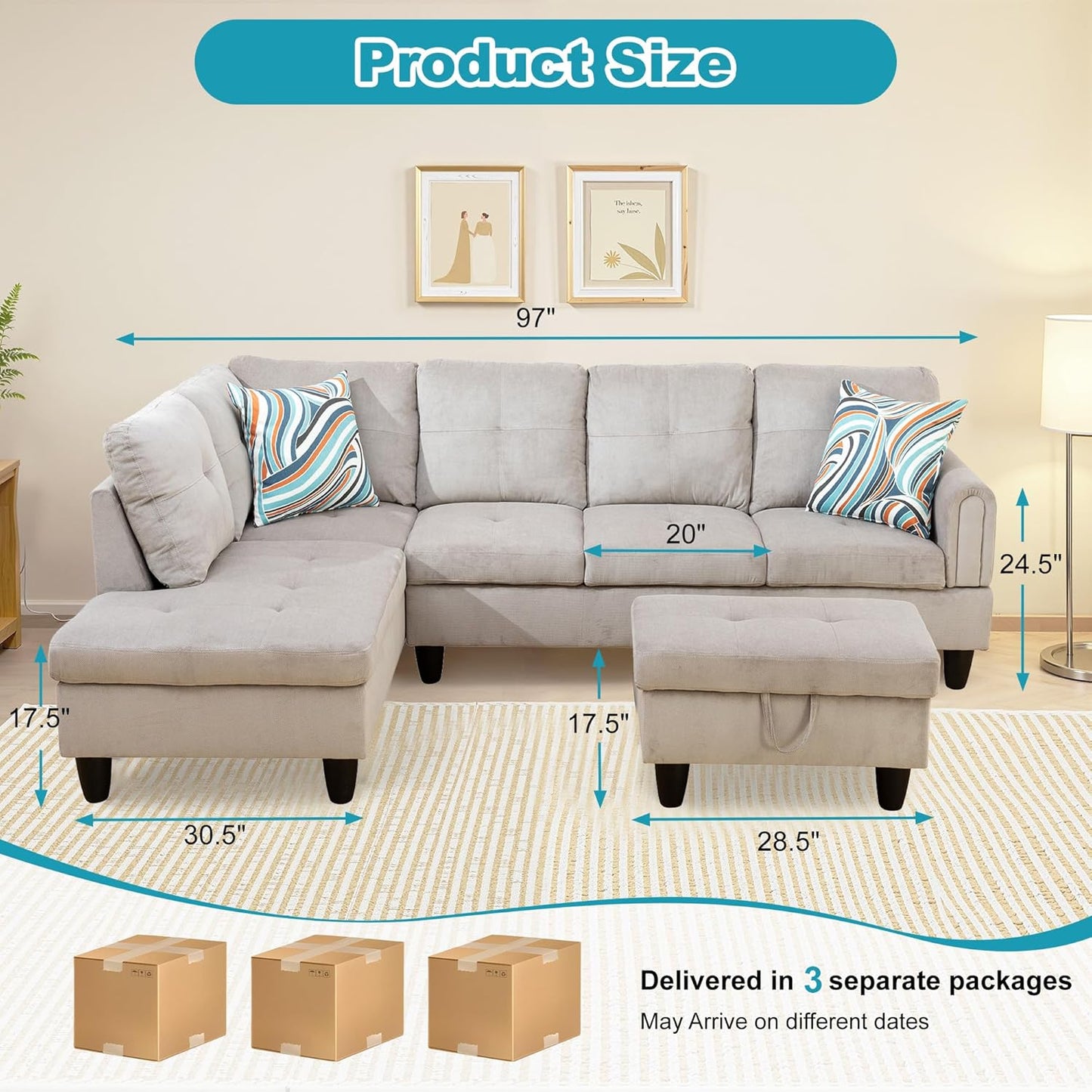 L Shaped Couch Modern Sectional Couch Upholstered Corduroy Fabric 3 Pieces Sofas for Living Room with Chaise, Storage Ottoman for Office and Small Apartment, Grey White