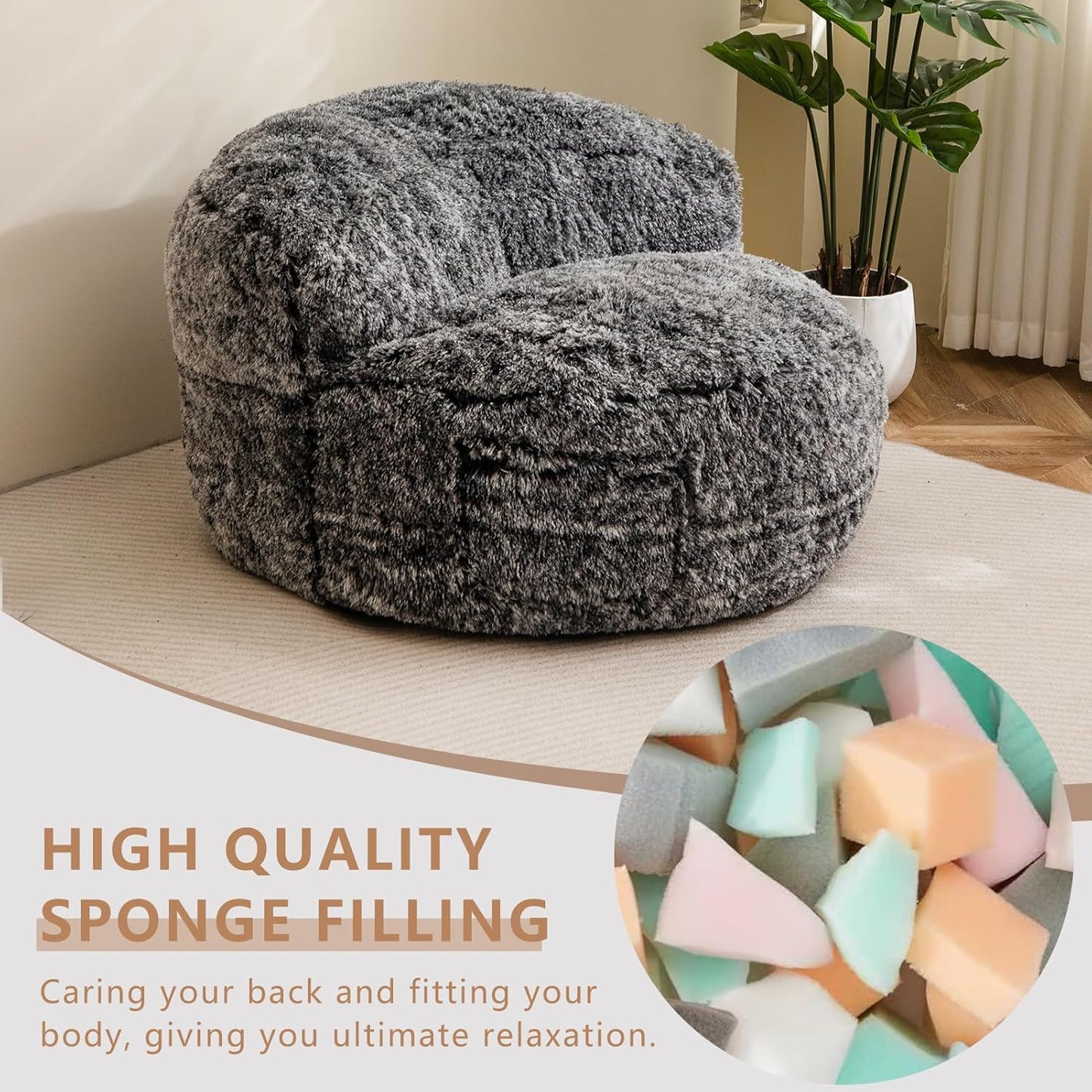 BYBYME Giant Bean Bag Chair, Faux Fur Bean Bag Couch with Filler Large Living Room Bean Bag Chairs for Adults, Big Lazy Sofa Accent Chair with Pocket Floor Chair