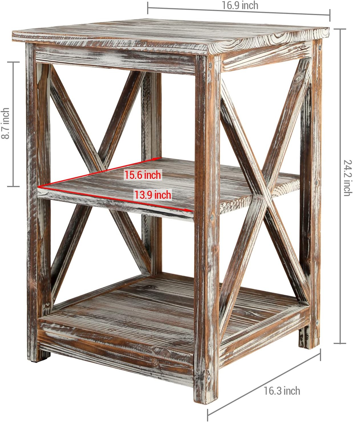 MyGift 24 Inch Tall End Table, Rustic Torched Solid Wood Living Room Accent Side Table with 3 Tier Display Shelf, Wooden X Design Bedroom Nightstand Square Storage Shelves