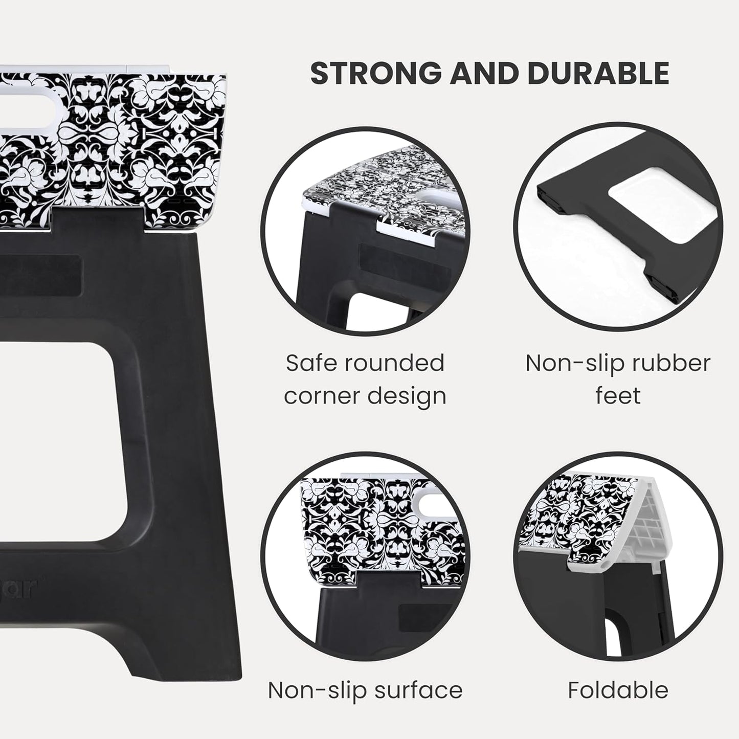 Vigar Compact Step Stool Foldable, 12-1/2-inch Step Stools for Adults up to 330 Pound, Lightweight Stool, Non-Slip Folding Step Stool, Rococco Black