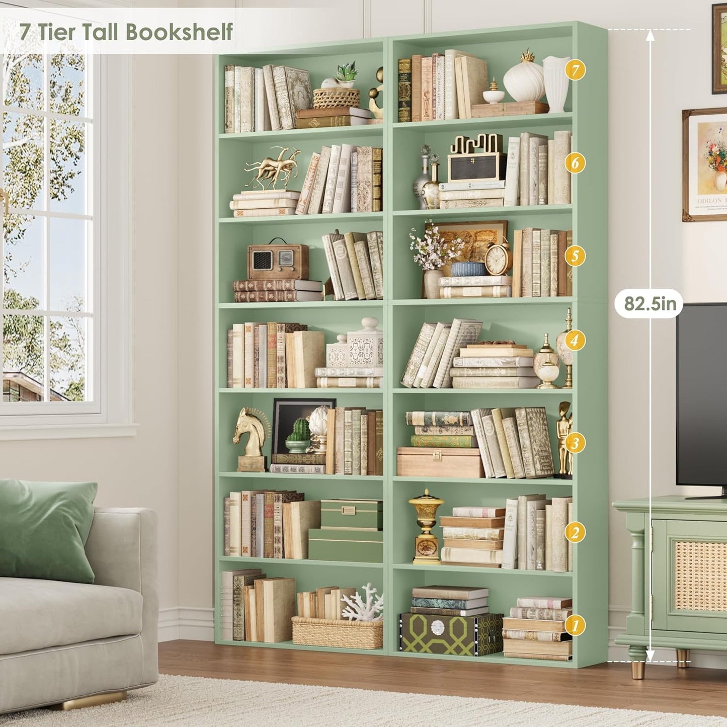 82" Tall Bookshelf, 7-Tier Open Shelves Bookcase, Freestanding Display Storage Shelves, Tall Bookcase Home Decor Furniture for Home Office, Living Room, Bedroom, Green