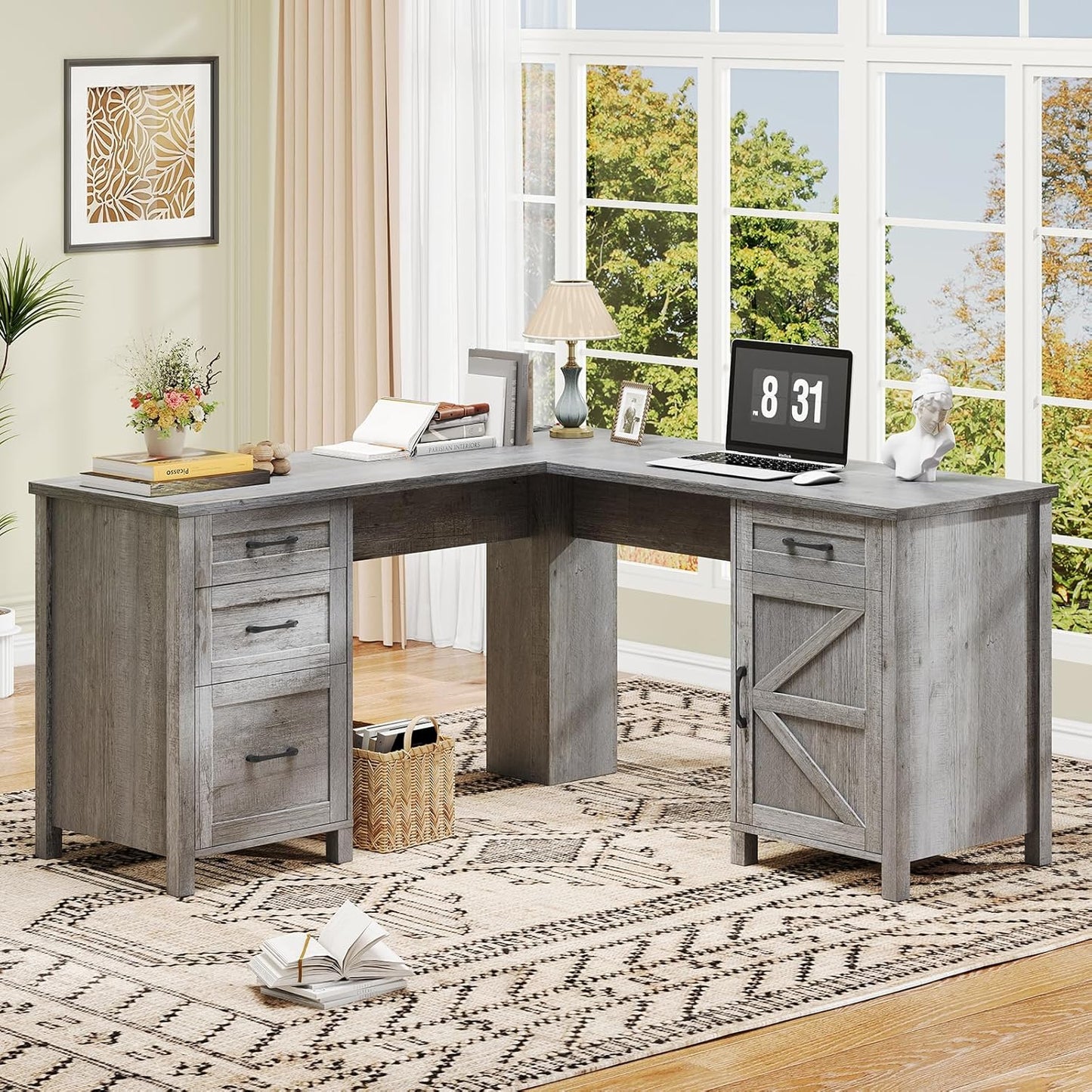 59” L Shaped Executive Desk with Power Outlets, Farmhouse Home Office Desk with Flie Drawer,Stroage Cabinet, Wood Corner Sturdy Writing Workstation.(Gray.