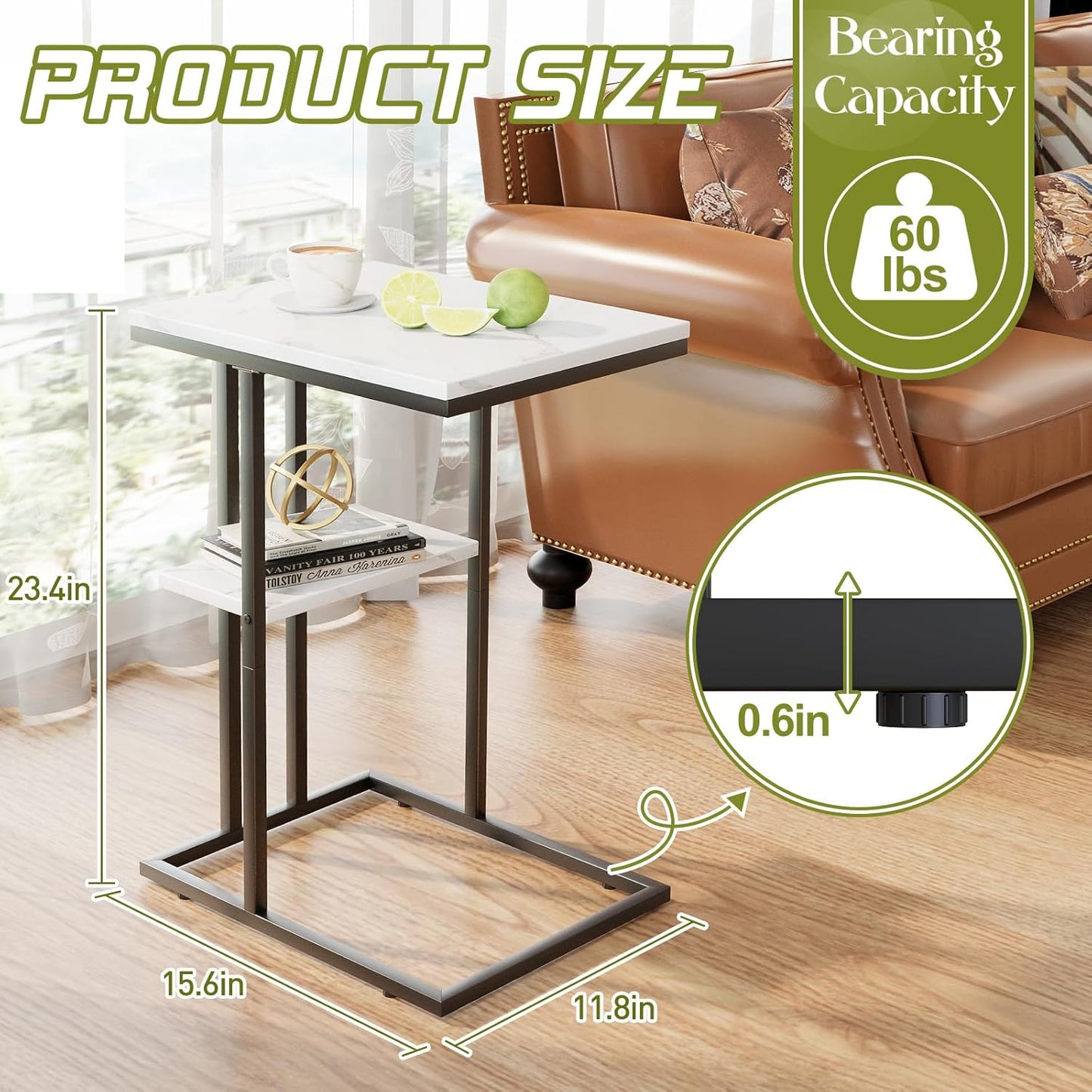 Easy Paws C Shaped End Table,Small Side Table for Couch and Bed, Gold Snack Couch Table for Small Spaces, Living Room, Bedroom,Bedside (White Marble)