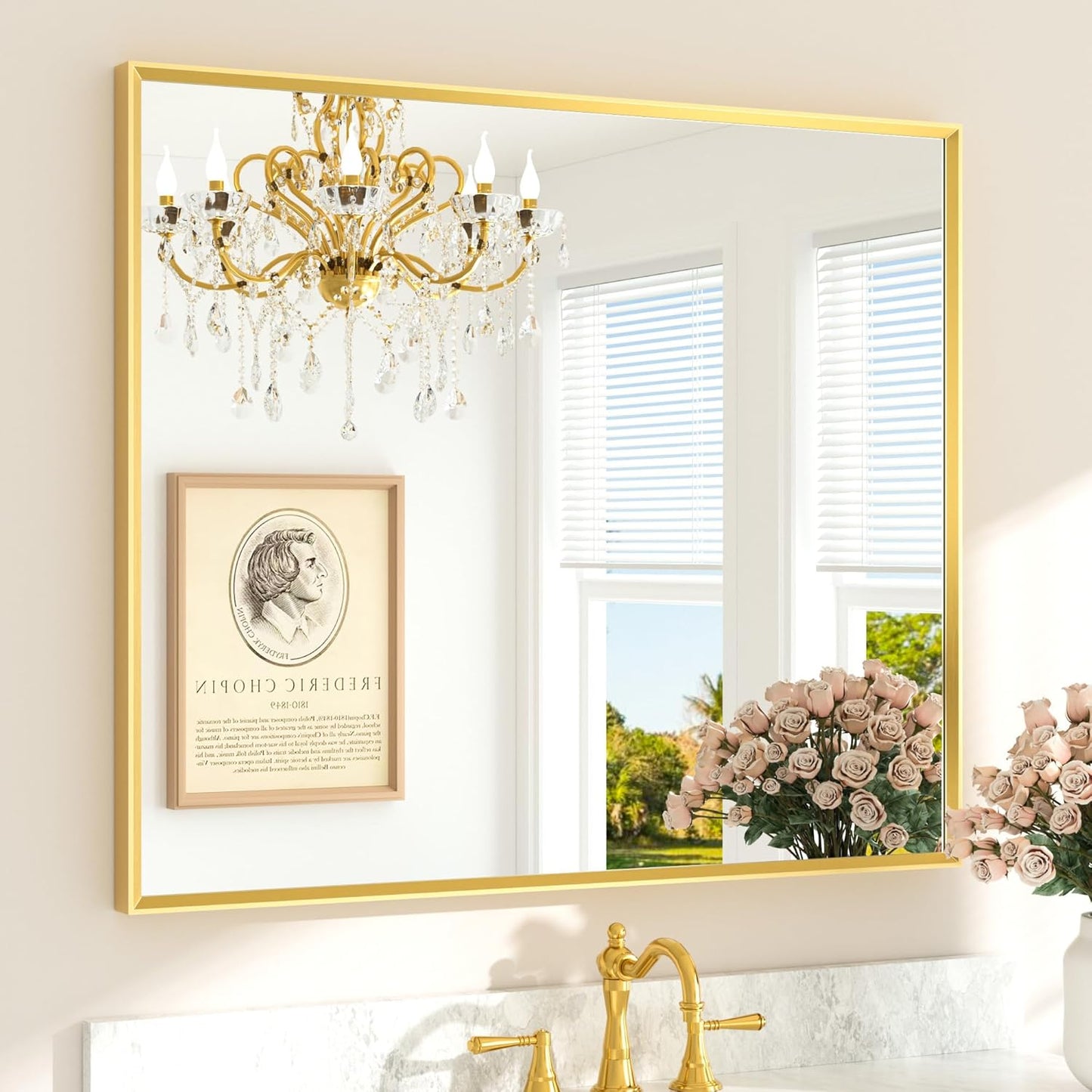 TETOTE Brushed Gold Frame Mirror for Bathroom Wall 42" x 36" Brushed Brass Beveled Rectangle Bathroom Vanity Mirror for Over Sink, Bedroom, Entryway, Living Room, Tempered Glass, Stronger Frame