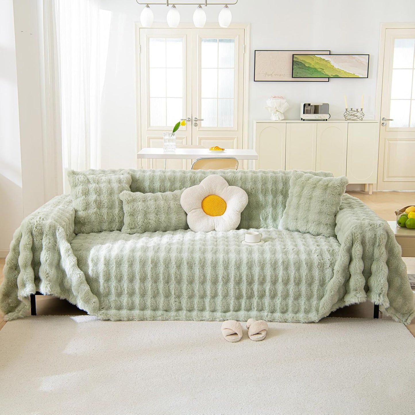 VM VOUGEMARKET Thick Faux Rabbit Fur Couch Cover 1-Piece Non-Slip Warm Soft Cozy Sofa Covers,Fluffy Plush Sofa Slipcover Furniture Protector for Kids,Pets(Green,71" x 118")