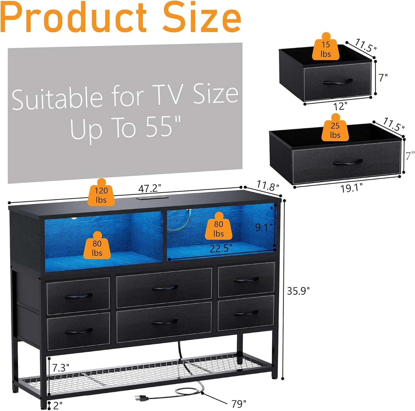 Black Dresser for Bedroom, 6 Drawers Led Dresser TV Stand with Power Outlets and LED Lights, Long Fabric Dressers Wide Chest of Drawers with Large Organizer Shoe Rack for Living Room, Entryway