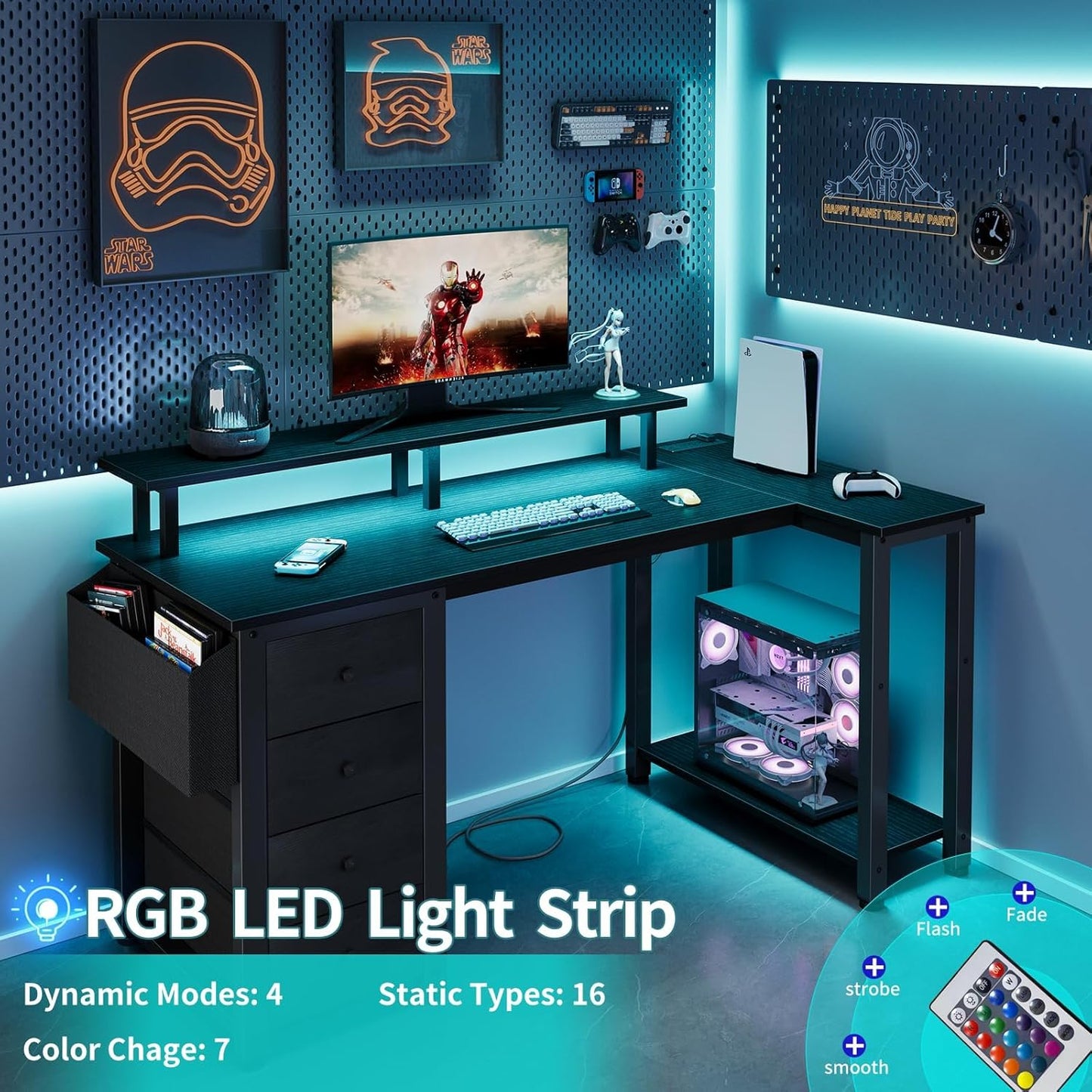 Lufeiya Black L Shaped Desk with Led Lights and Power Outlets, 47 Inch Writing Study Computer Gaming Desks with Fabric Drawers for Bedroom, Home Office Corner Desk with Monitor Stand Shelves, Black