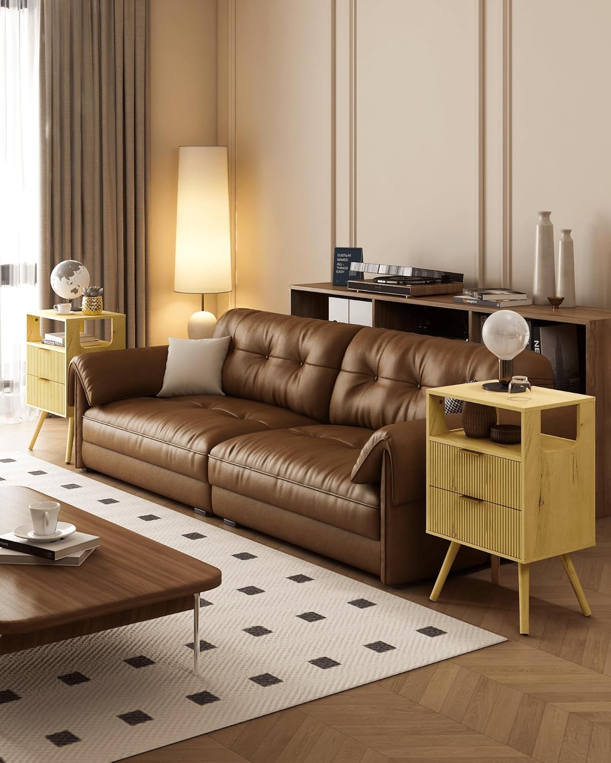 Nightstand,Modern Bedside Table with 2 Storage Drawer and Open Wood Shelf, for Bedroom and Small Spaces,Night Stand with Solid Wood Legs, Yellow Oak