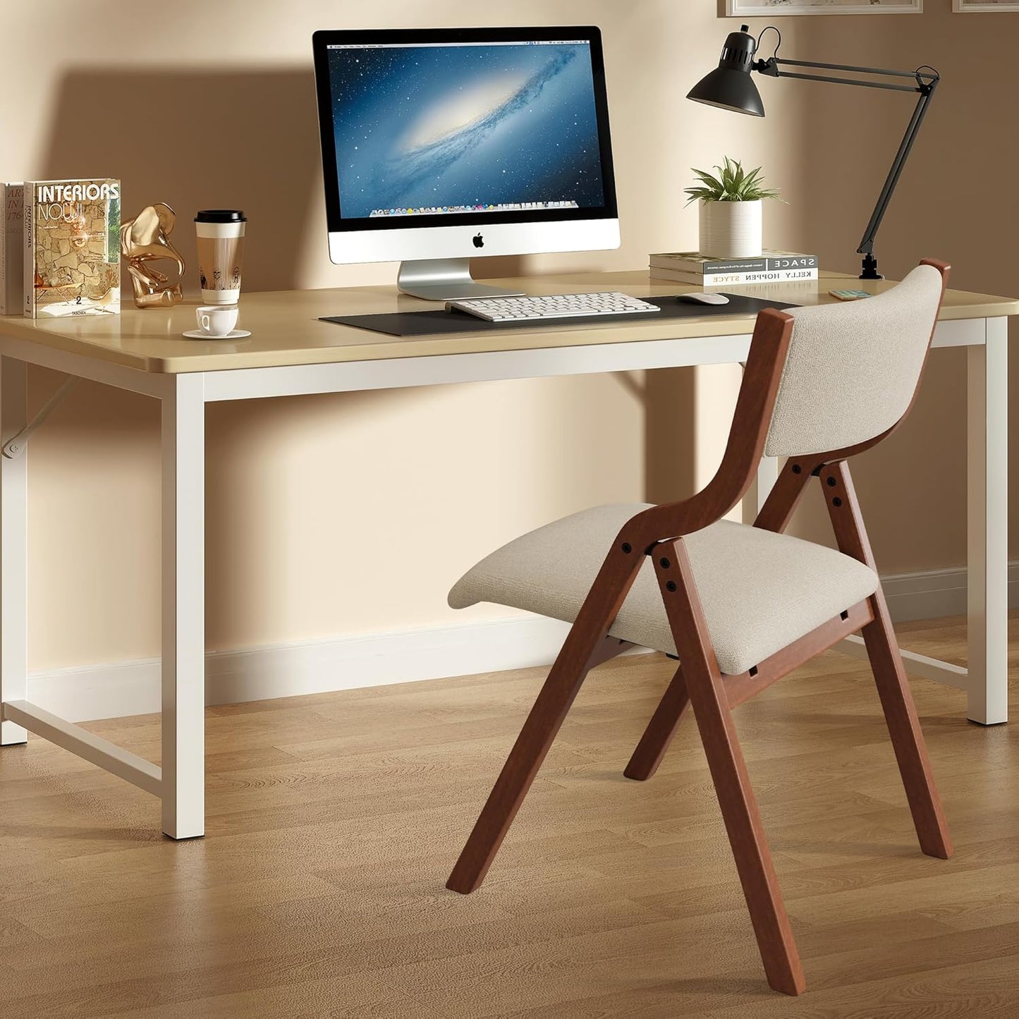 Ball & Cast Upholstered Folding Chairs Set of 2 with Ergonomically Designed Back and Solid Wood Frame, for Dining Room and Office,Indoor and Outdoor Events,Space Saving,Cream White+Cherry