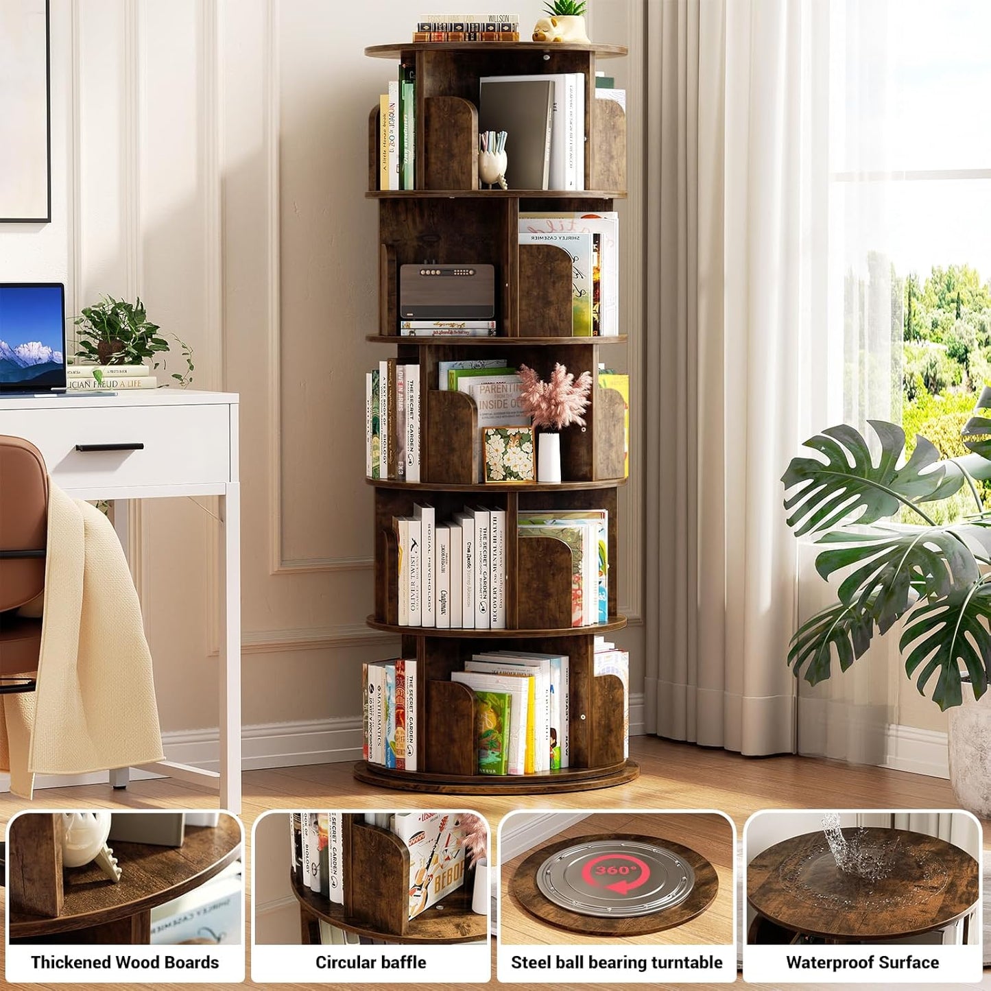 Aheaplus Rotating Bookshelf, 360 Display Wood Spinning Bookshelf Tower, 5 Tier Floor Standing Bookcase Storage Rack, Revolving Bookcase Corner Bookshelfs for Small Space, Study, Bed Room, Rustic Brown