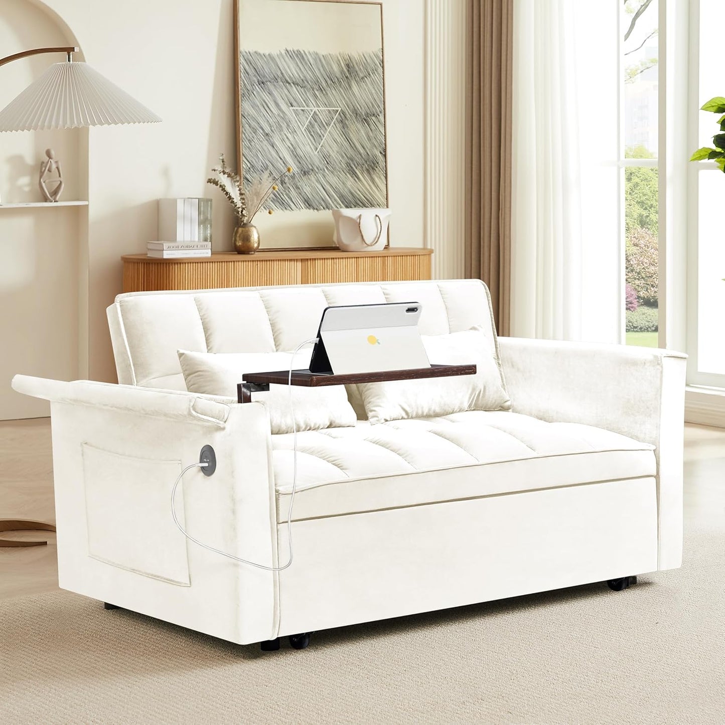 Ball & Cast 55" 3 in 1 Sleeper Sofa Bed Velvet Upholstered Pull Out Couch with Adjustable Back & 2 Pillows,Convertible Futon Sofa Bed W/Hidden Side Table,Side Pocket & USB Port,for Living Room,Beige